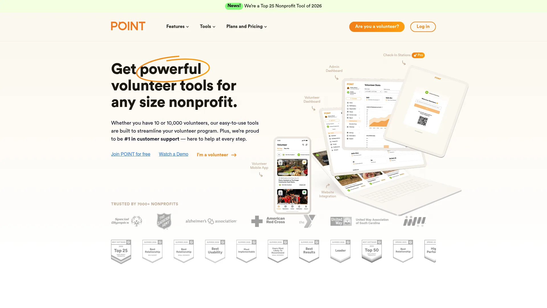 POINT volunteer management platform homepage