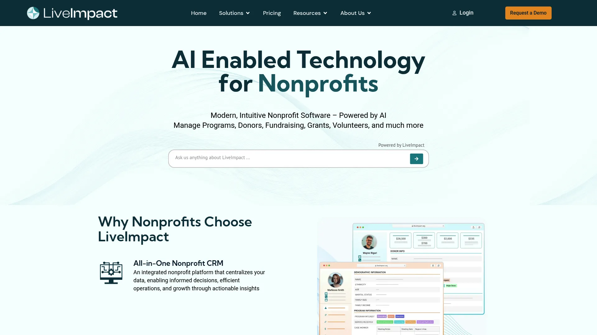LiveImpact nonprofit software homepage