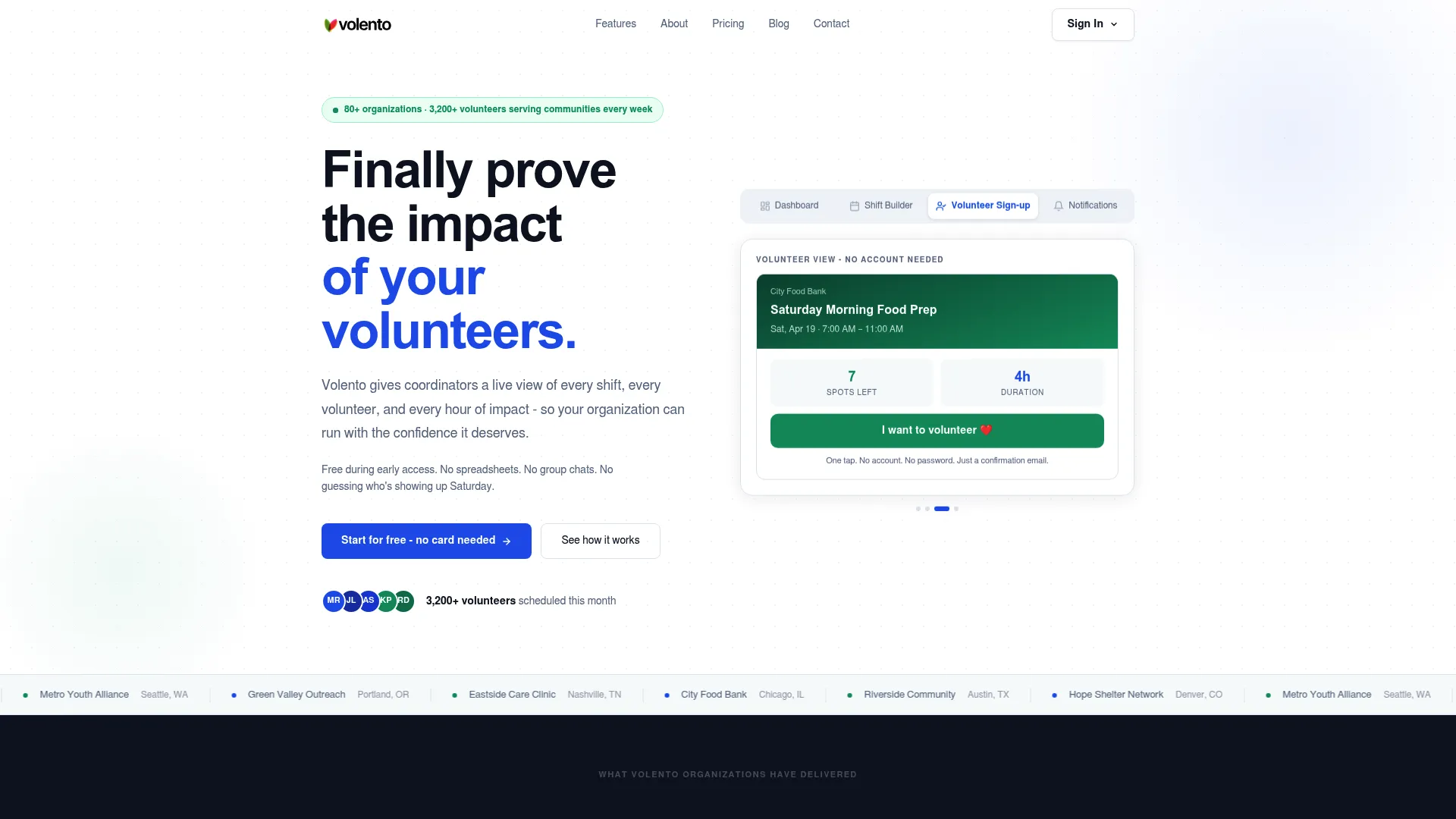 Volento volunteer management platform homepage