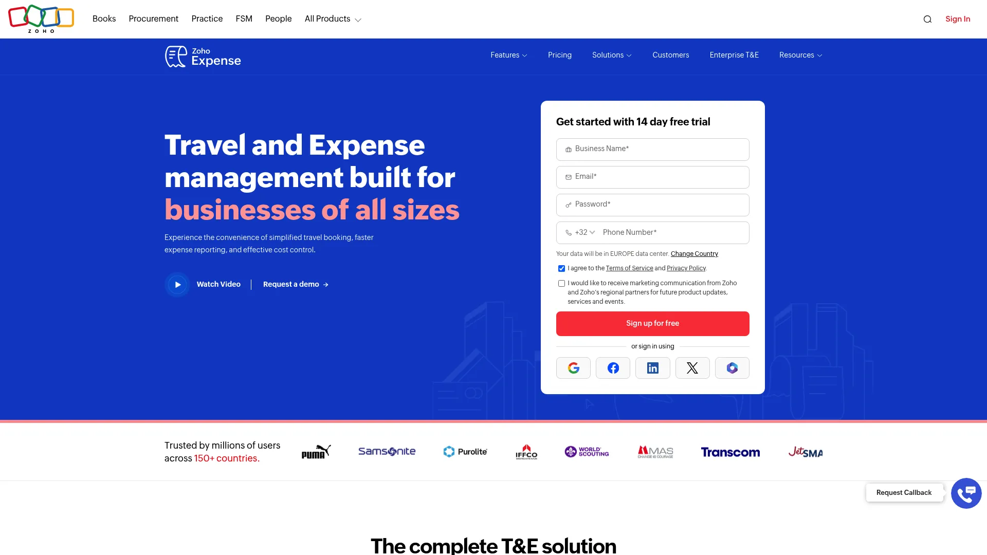 Zoho Expense travel and expense management homepage