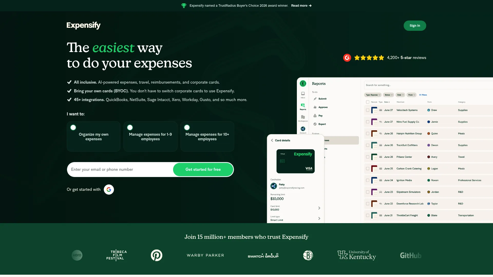 Expensify expense report software screenshot