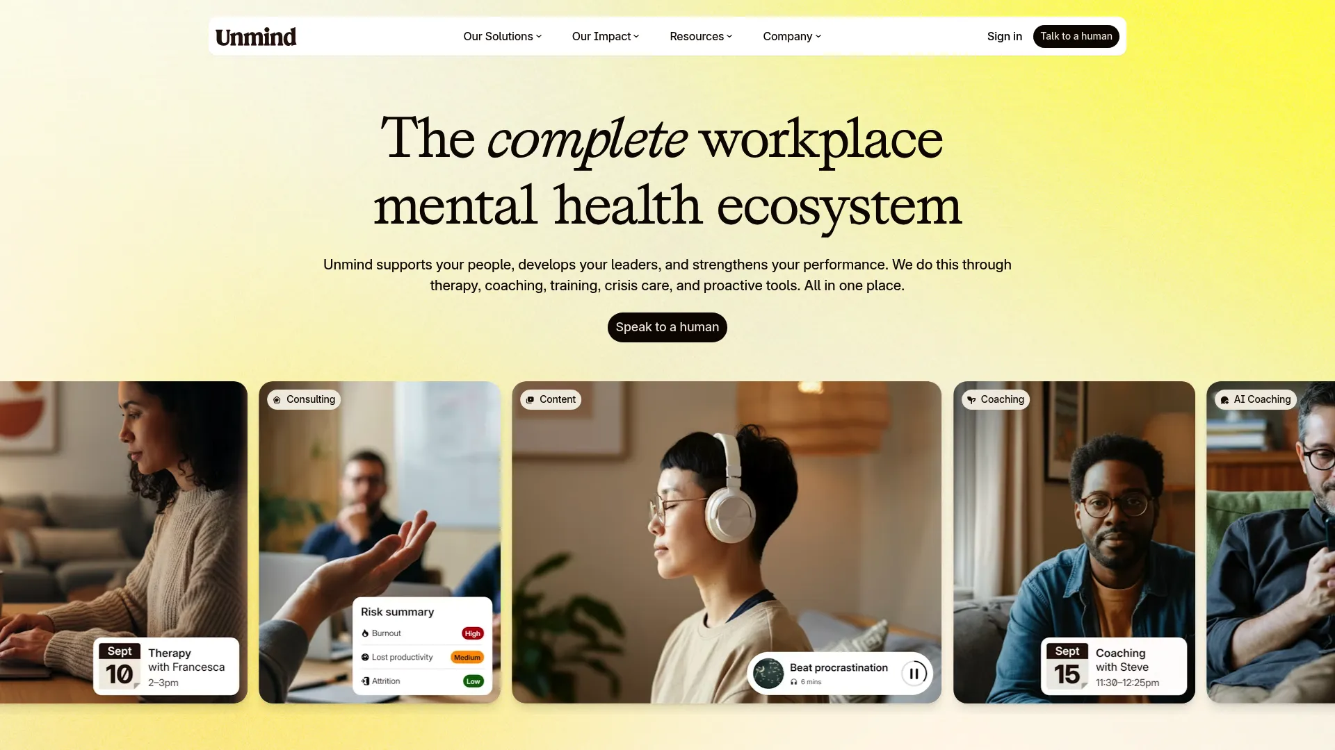 Unmind workplace mental health platform homepage