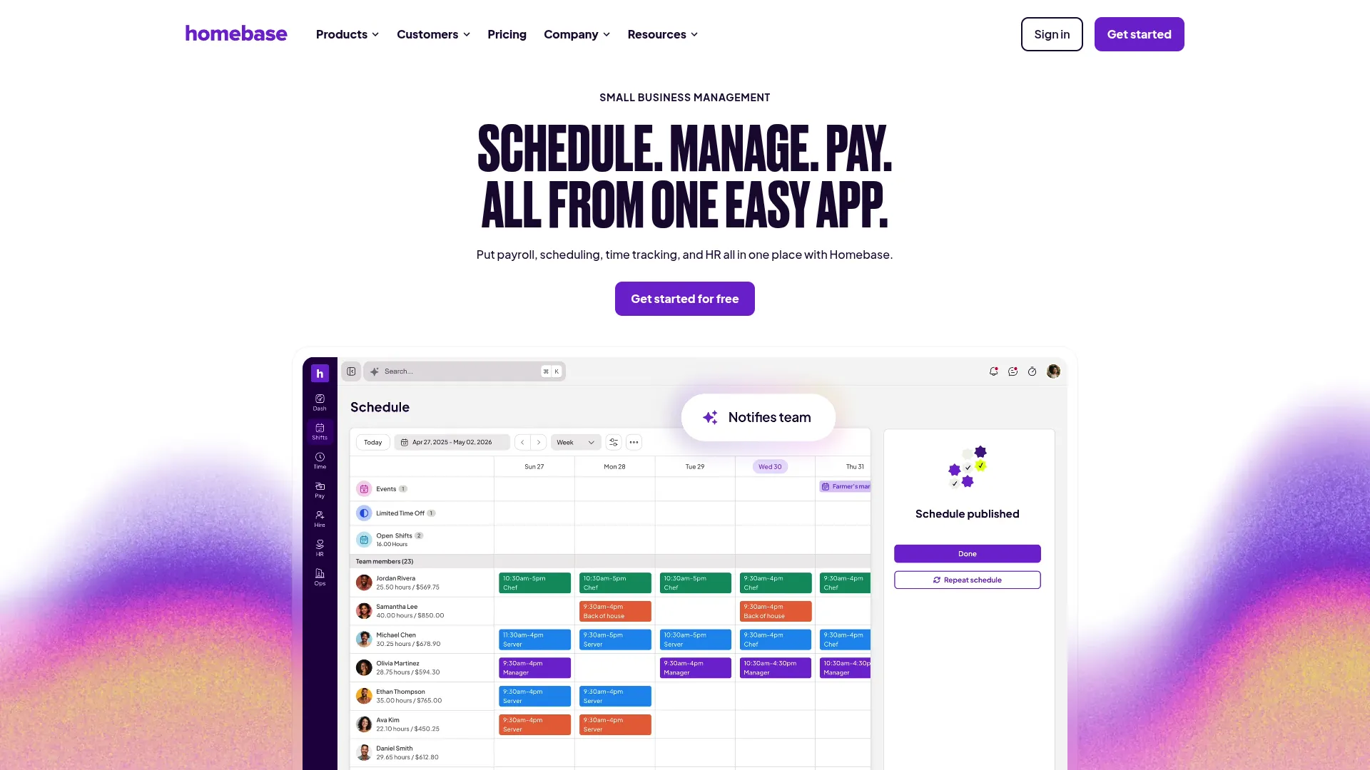 Homebase workforce management software homepage for hourly teams