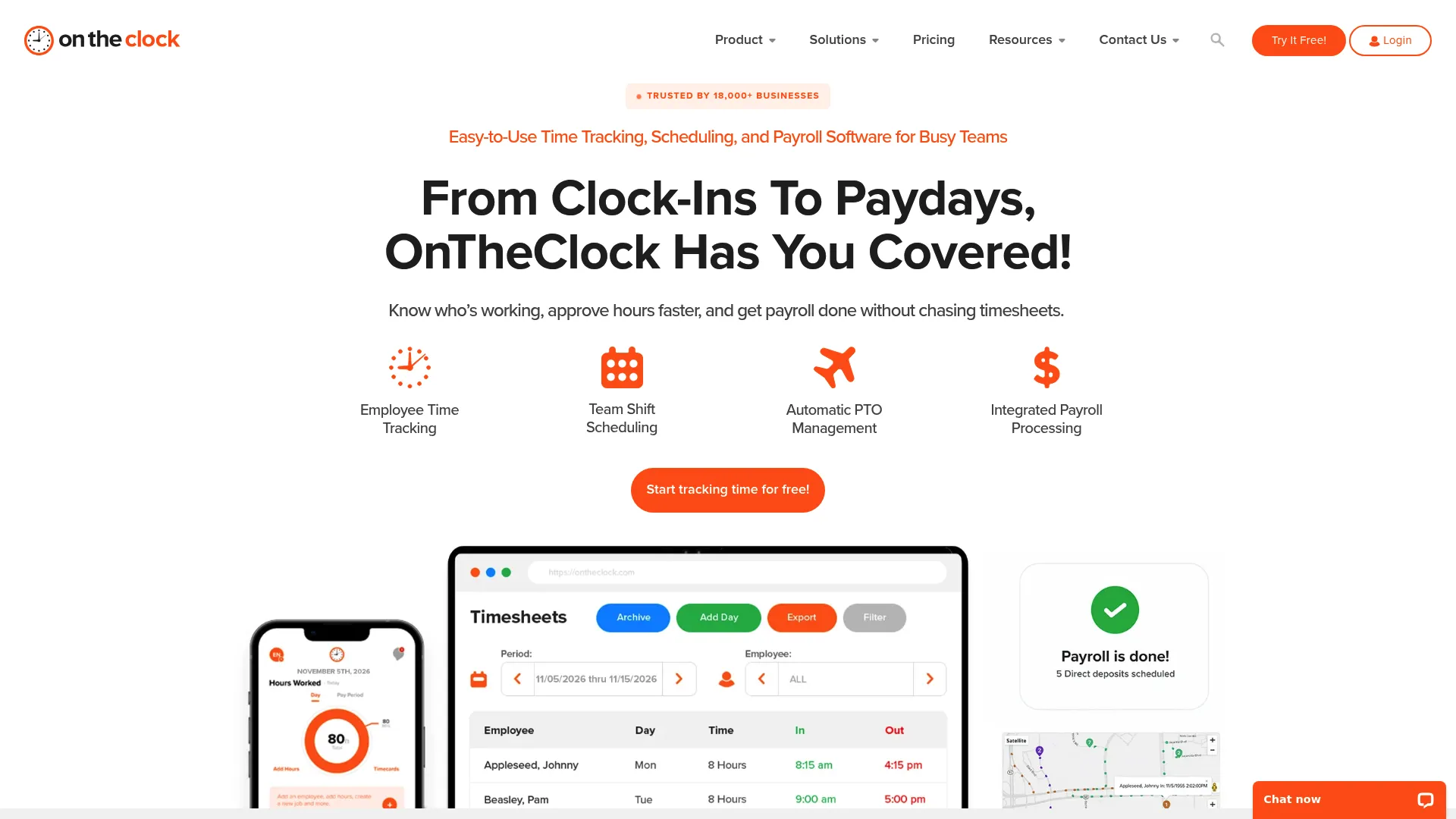 OnTheClock employee time tracking software homepage