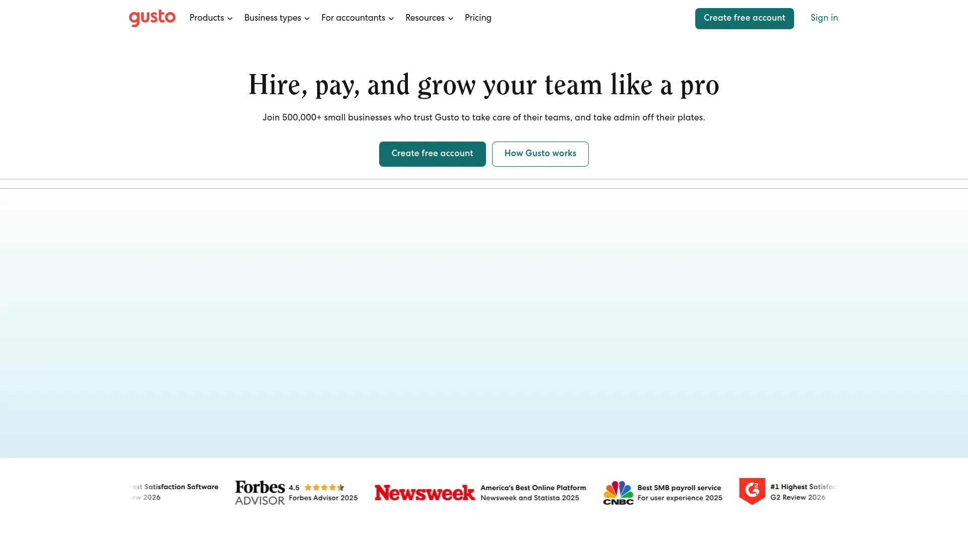 Gusto payroll and HR platform homepage