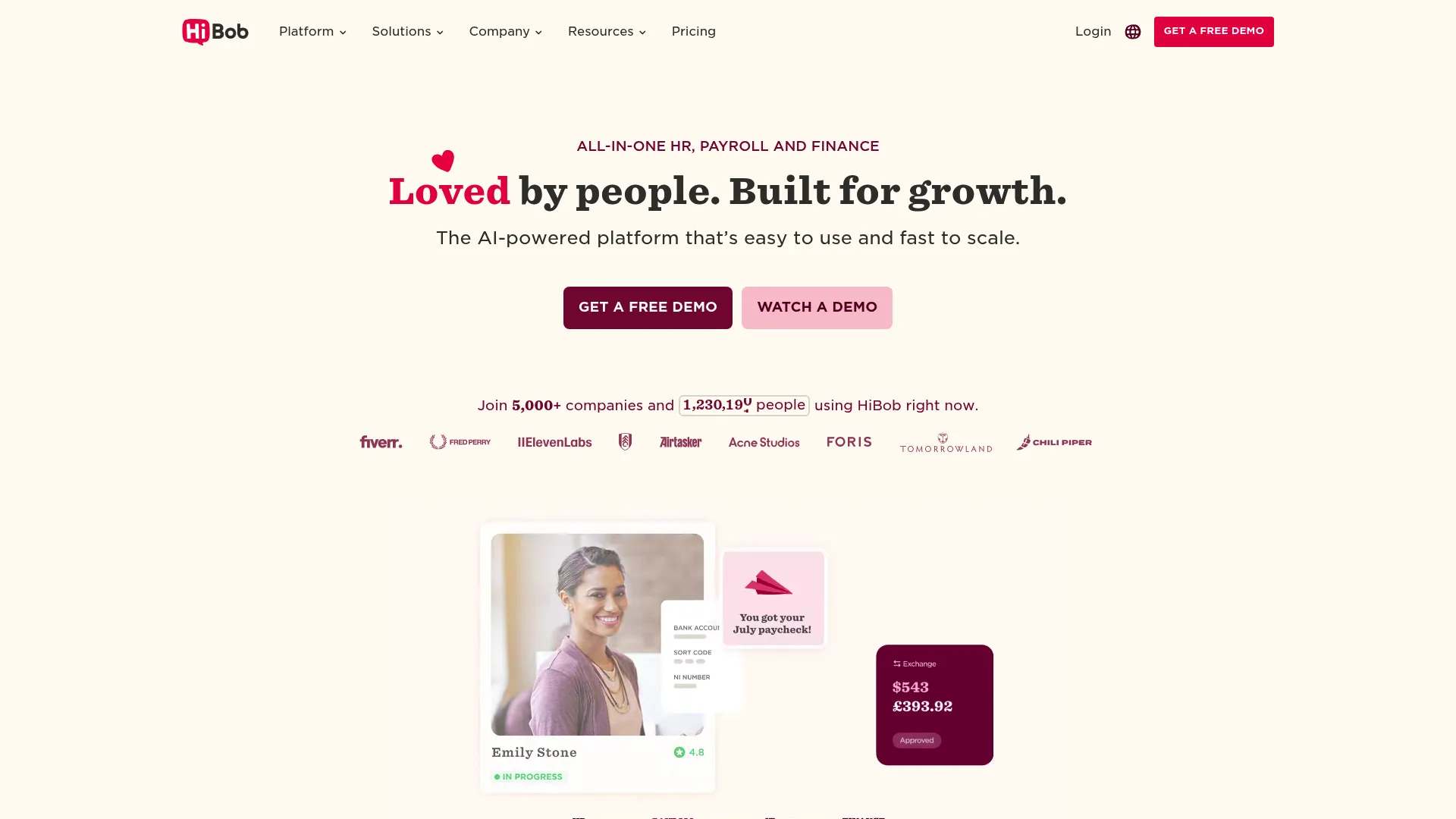 HiBob HR platform homepage