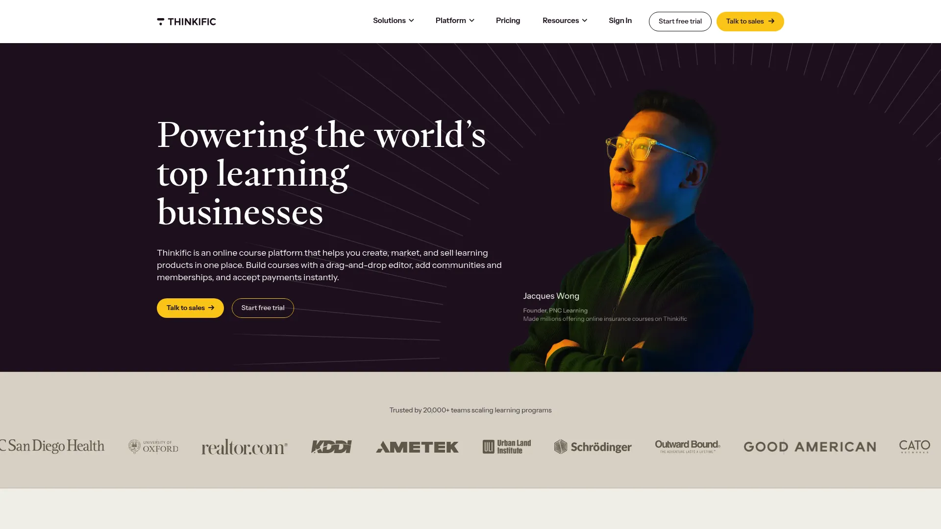 Thinkific online course platform homepage