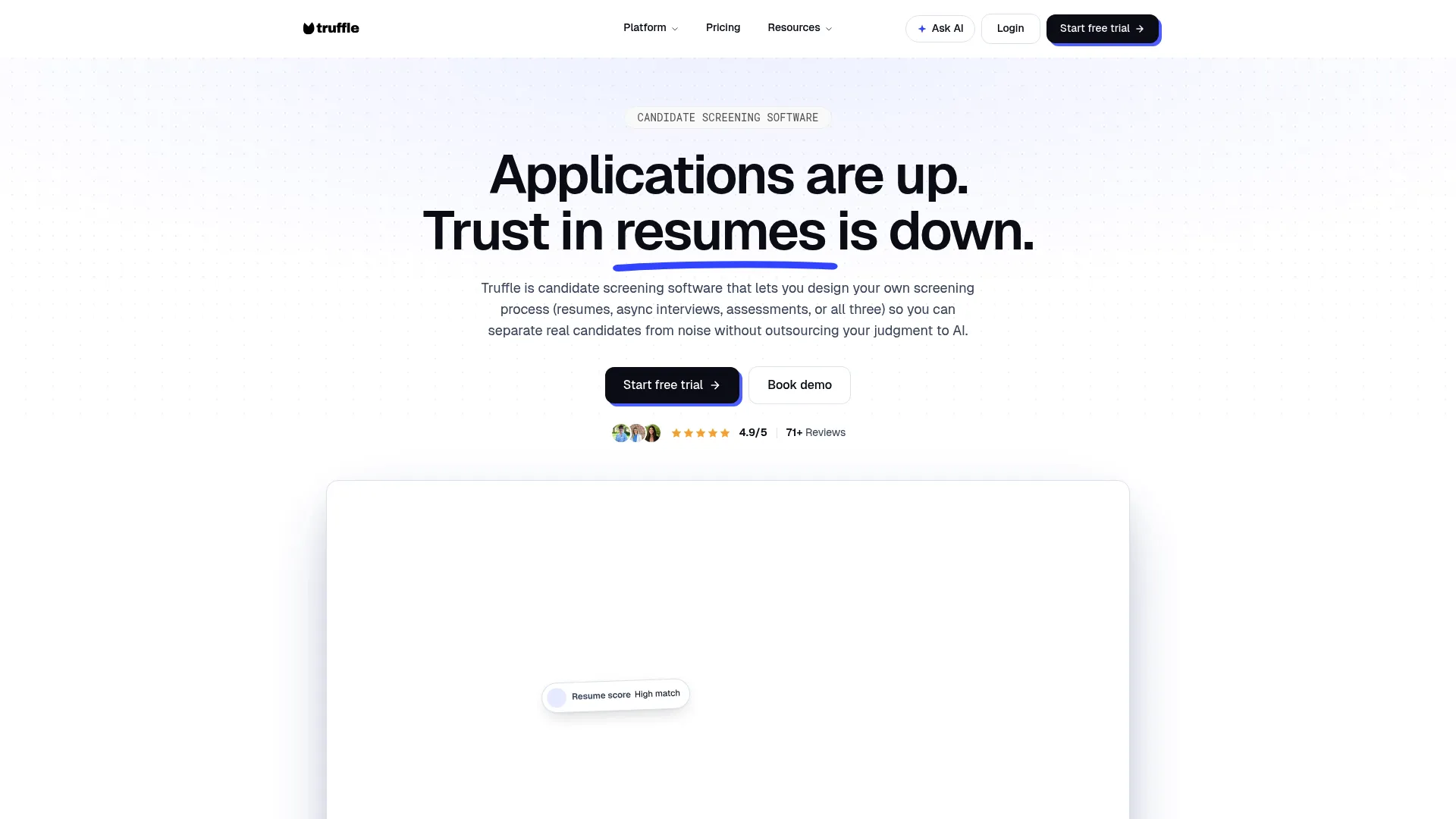 Truffle candidate screening and assessment platform homepage