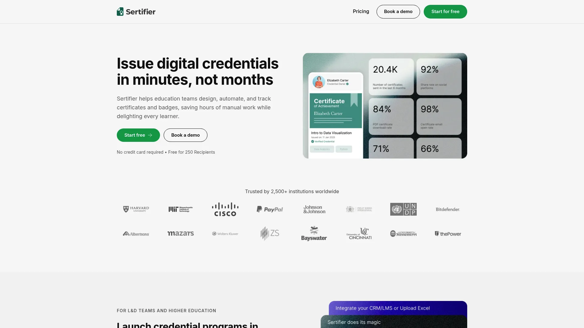 Sertifier digital credentialing software homepage