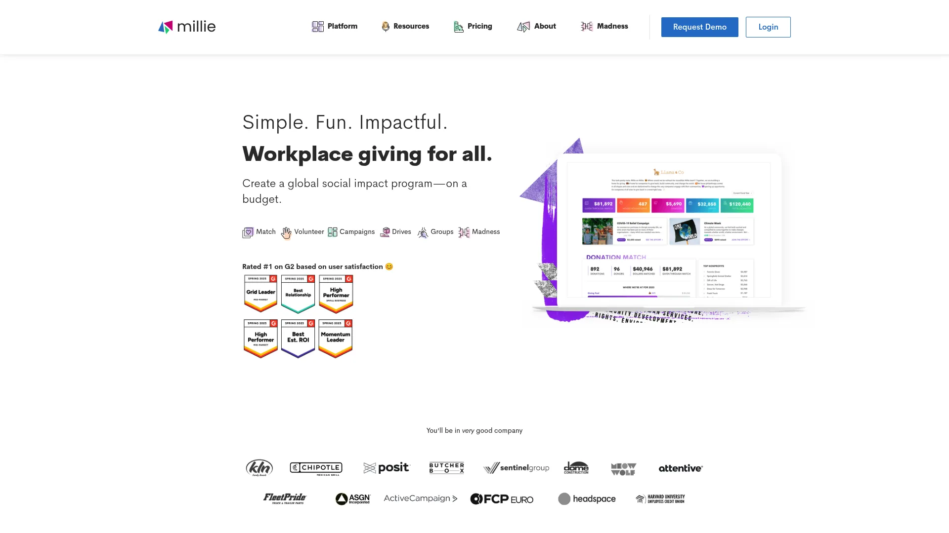 Millie workplace giving platform homepage