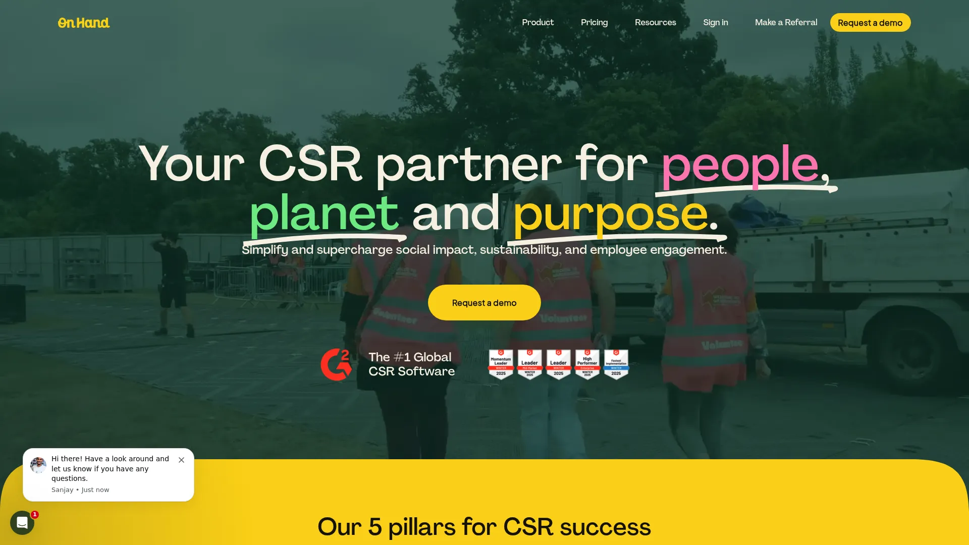 onHand CSR and volunteering platform homepage