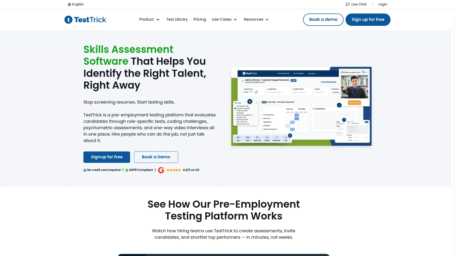 TestTrick pre-employment testing platform homepage