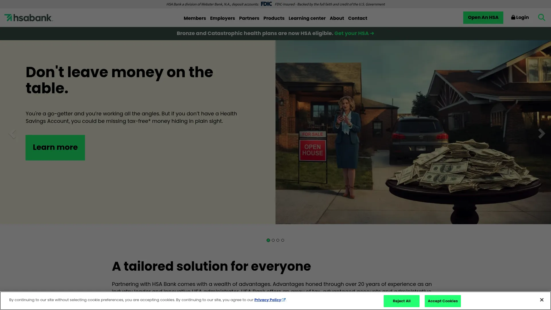 HSA Bank homepage showing health savings account options