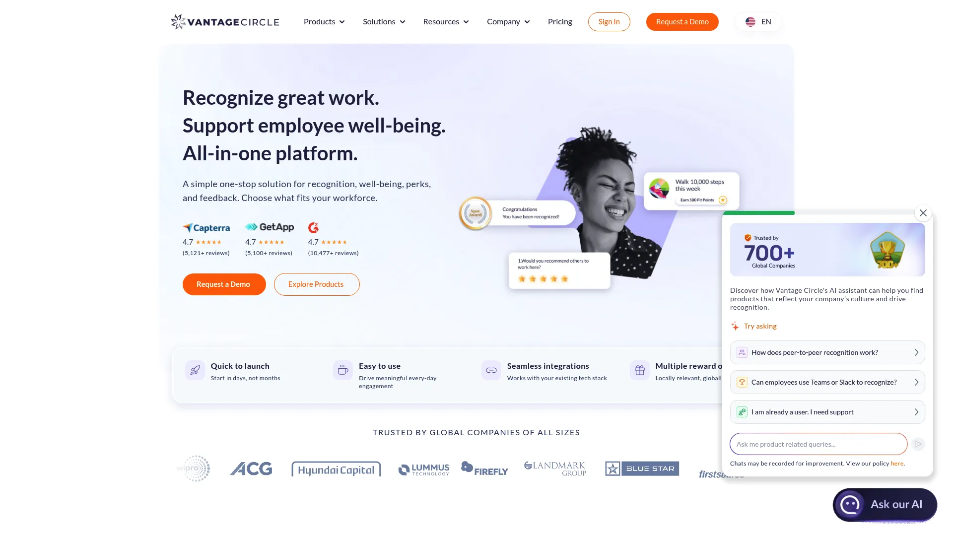 Vantage Circle employee engagement platform homepage