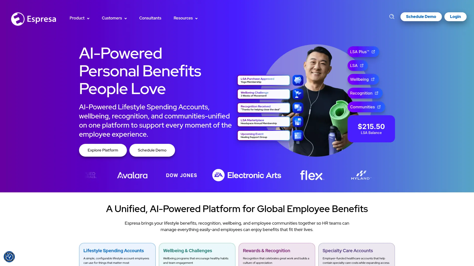 Espresa employee benefits and lifestyle spending platform homepage