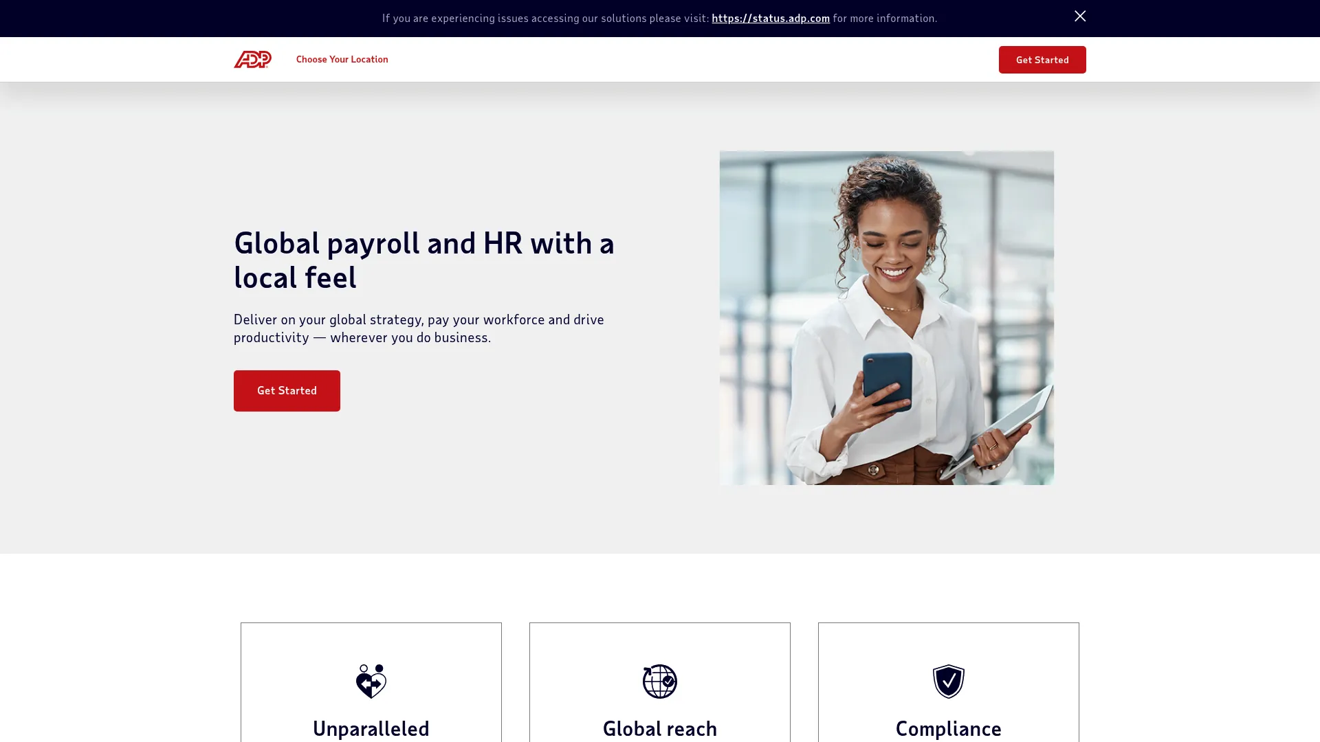 ADP homepage showing global payroll and HR services