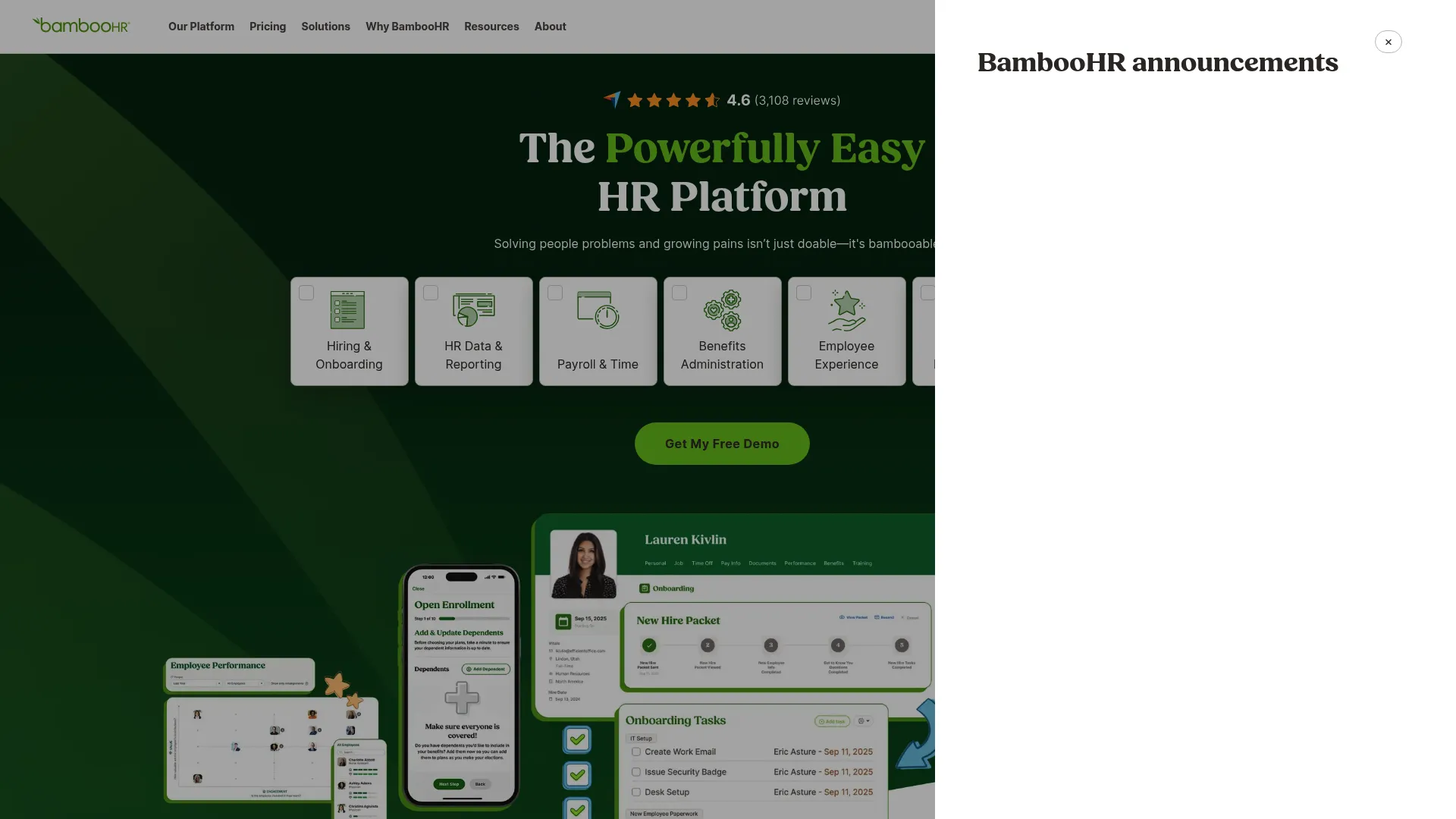 BambooHR homepage showing HR software platform for growing businesses