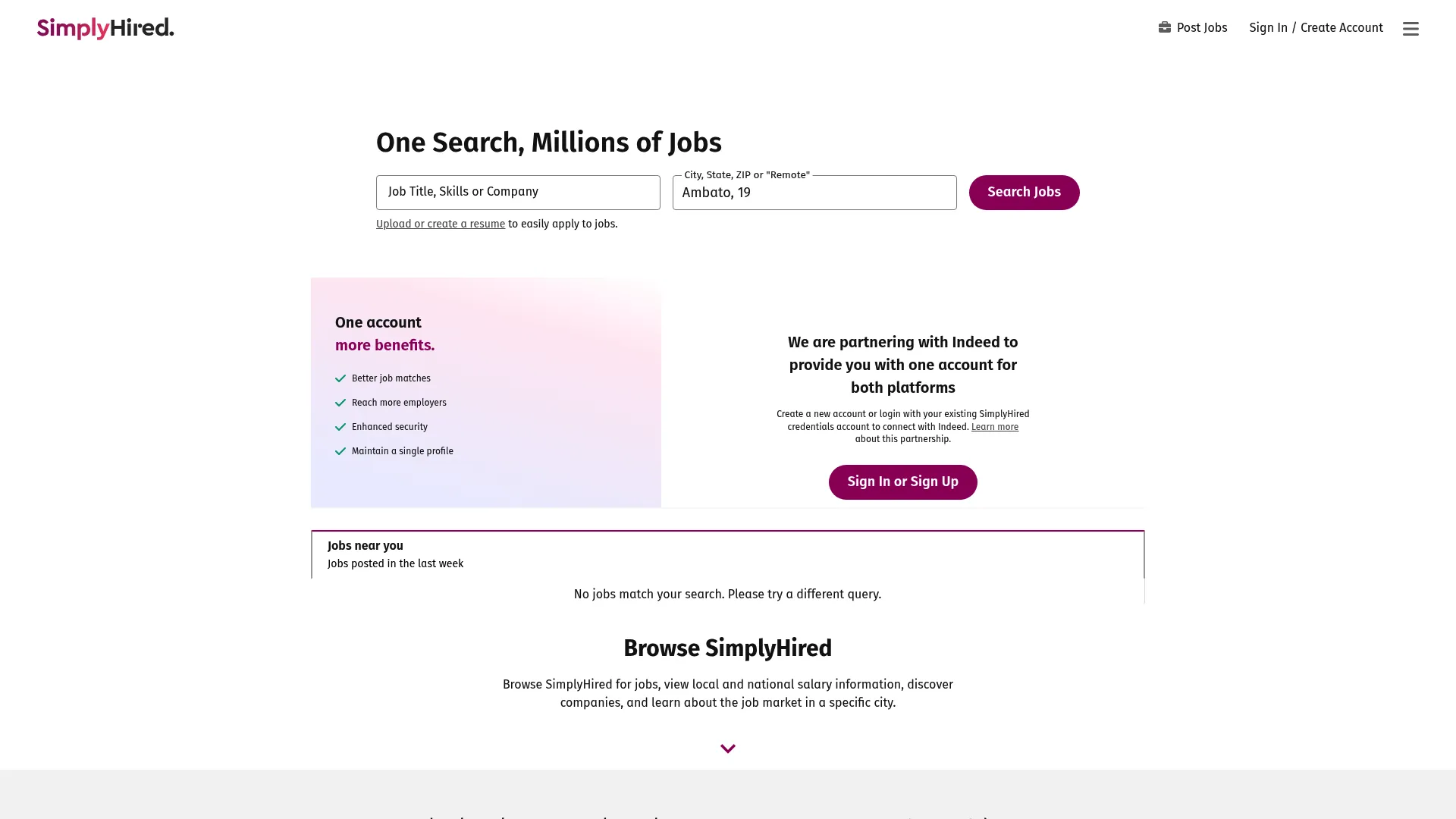 SimplyHired job search engine homepage