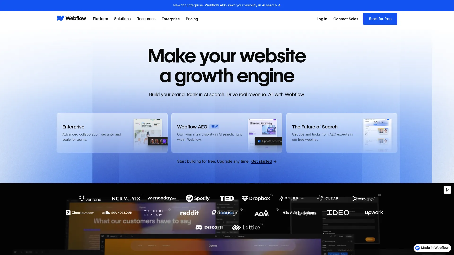 Webflow homepage showing its visual website design and CMS platform
