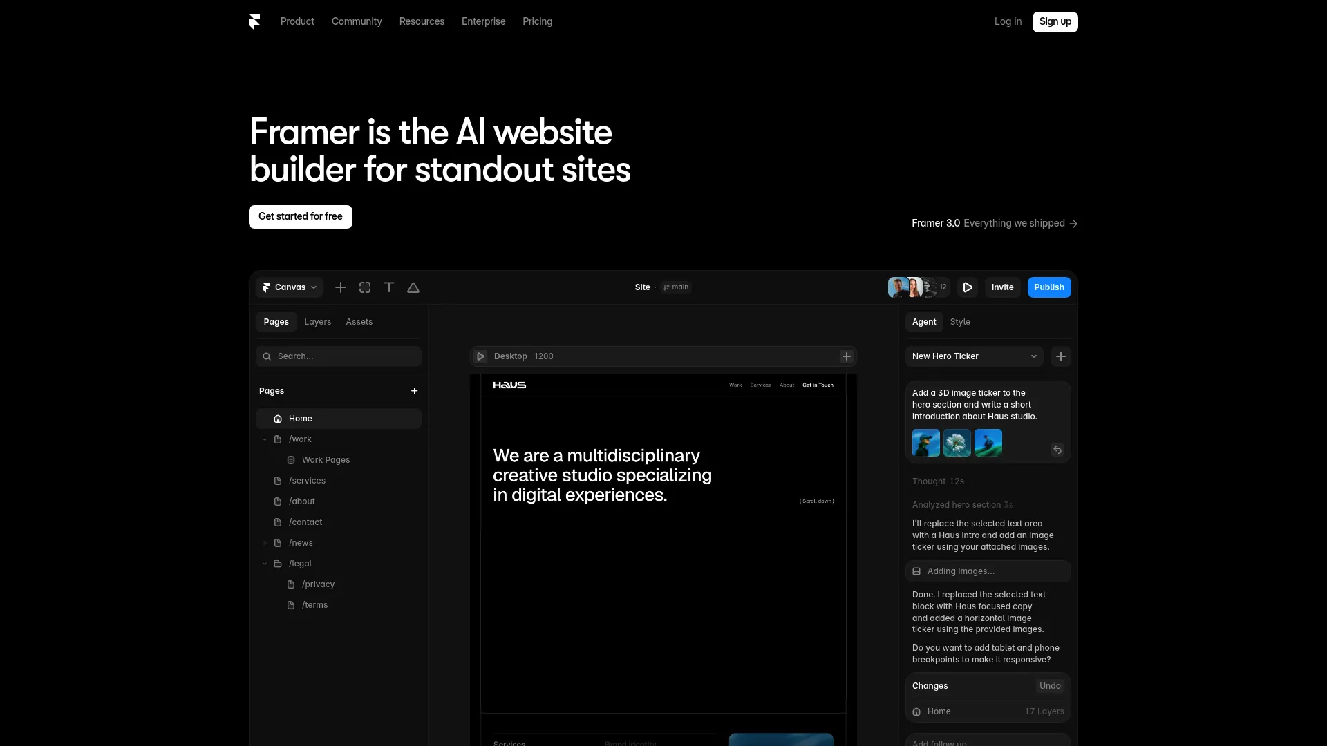 Framer homepage showing its design-forward no-code website builder