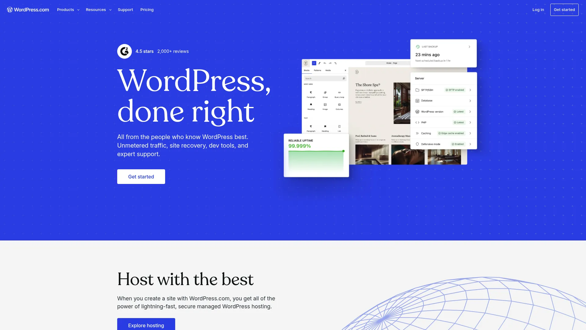 WordPress.com homepage showing its managed hosting and site-building plans