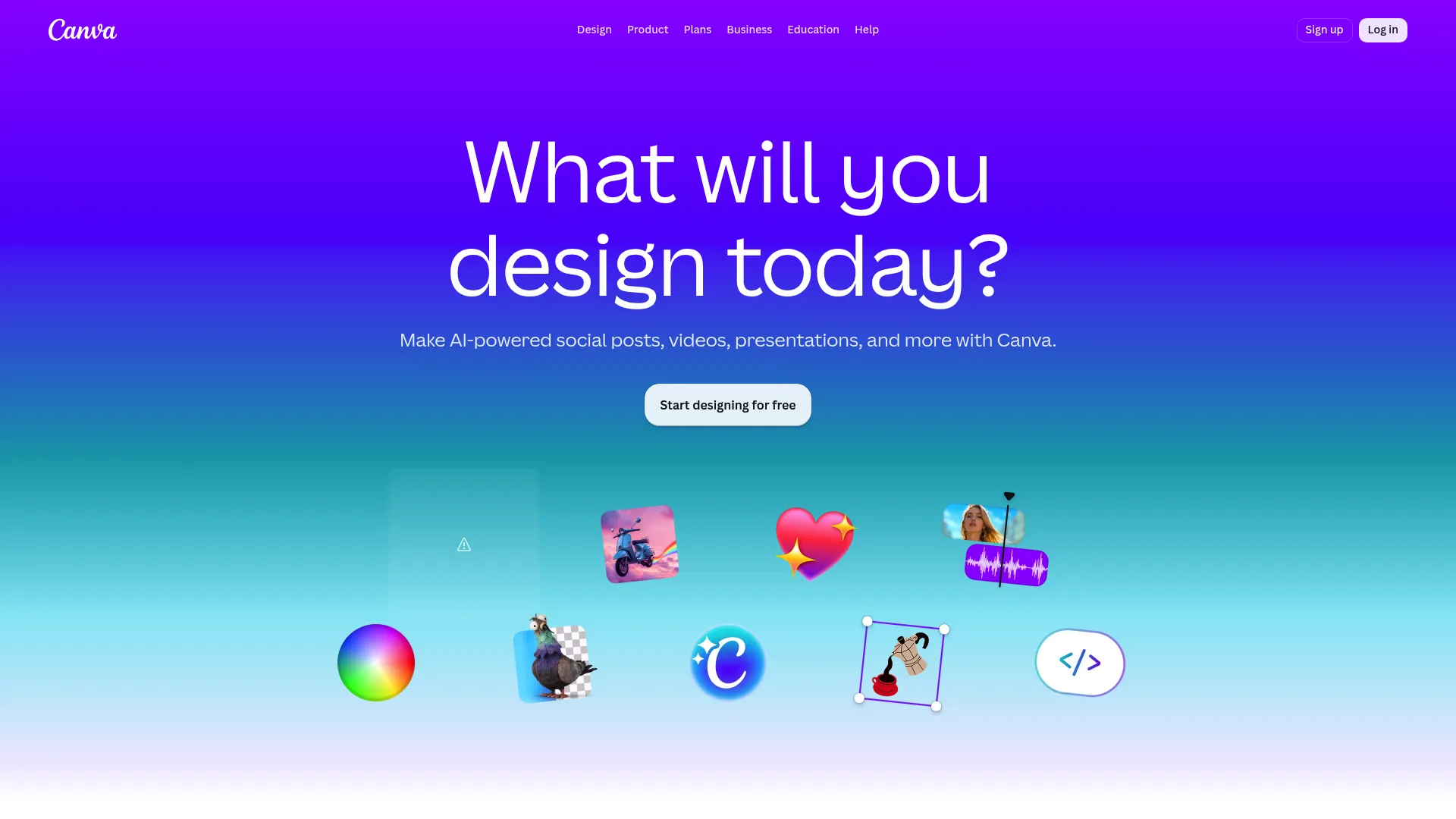 Canva homepage showing its design and template tools