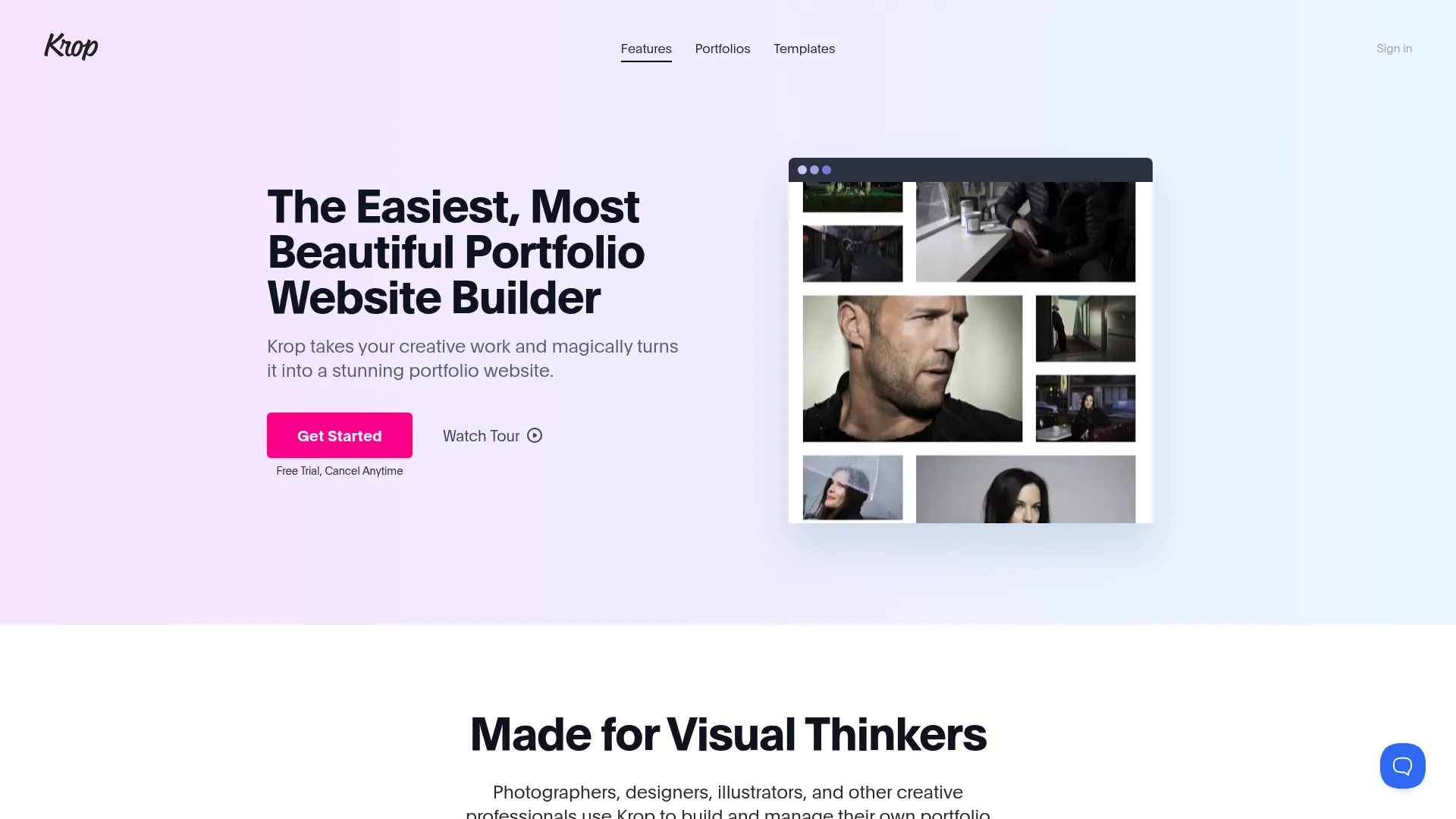 Krop portfolio builder homepage for creative professionals