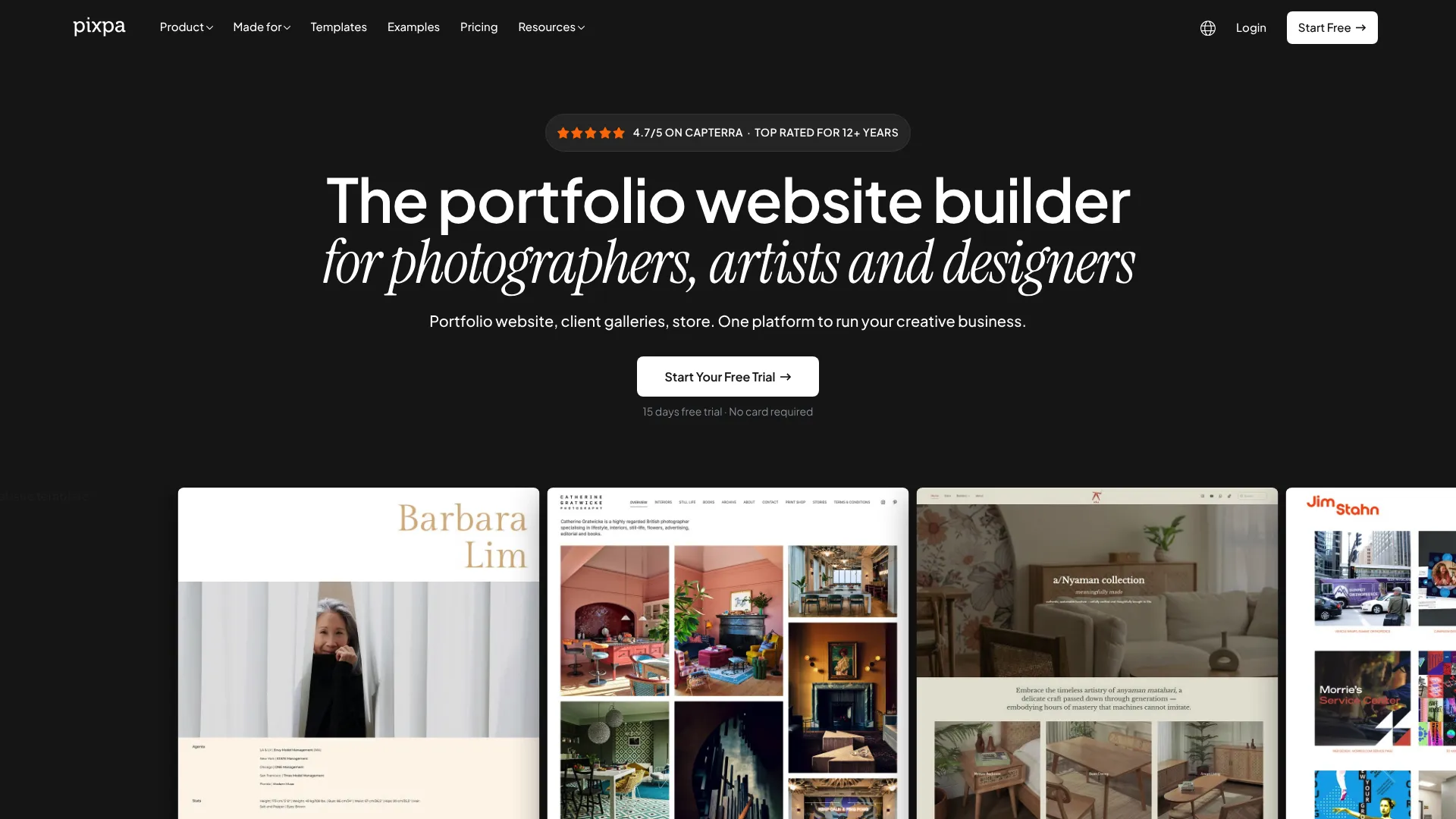 Pixpa all-in-one website builder homepage for creatives
