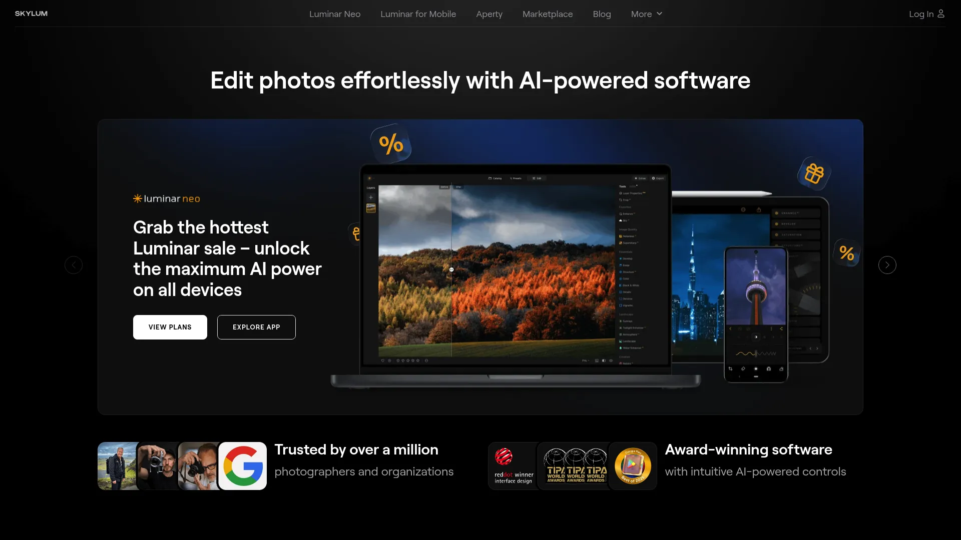 Luminar Neo AI photo editing interface with enhancement tools