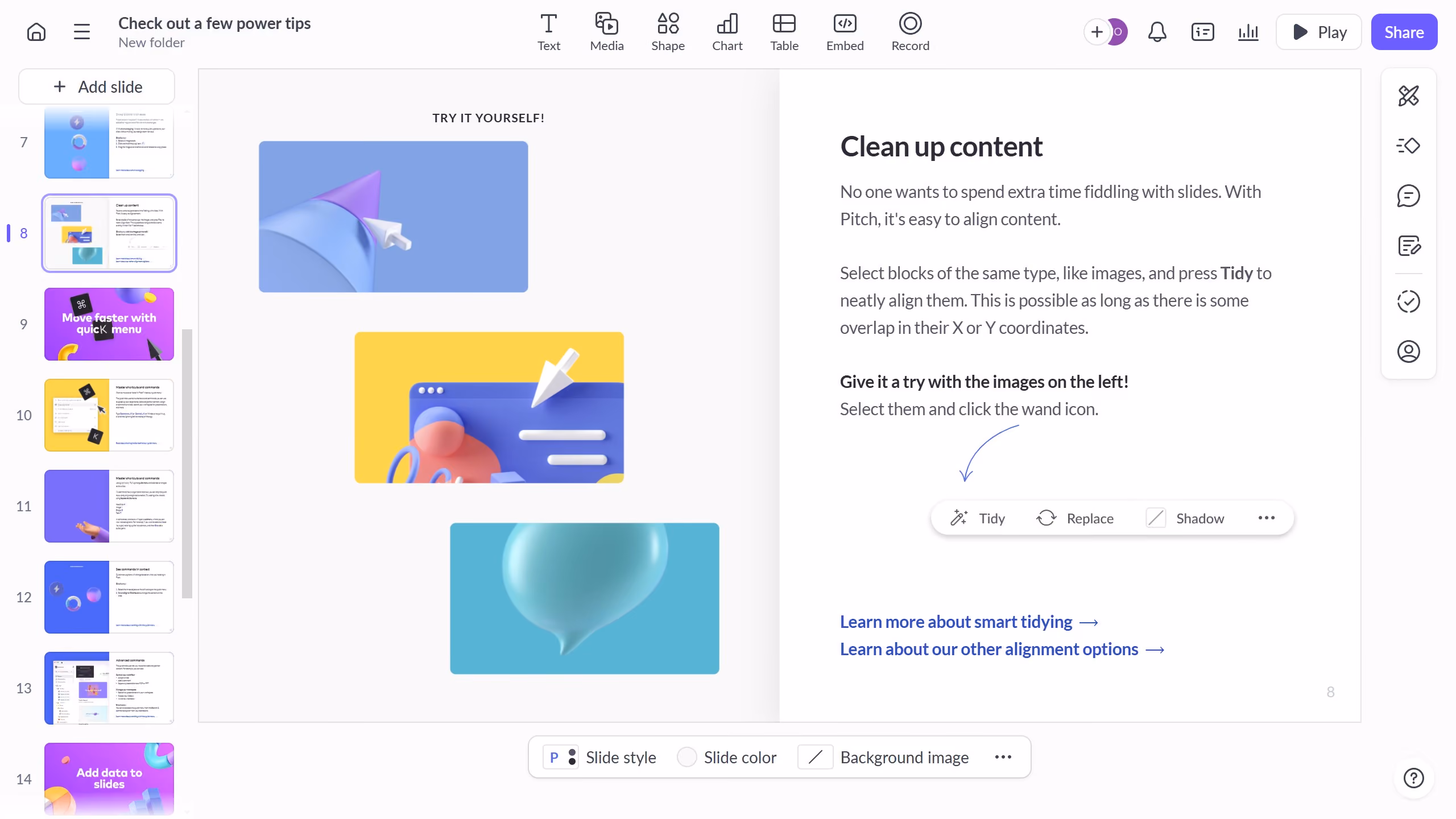 How to tidy groups to quickly align slide content on Pitch.com