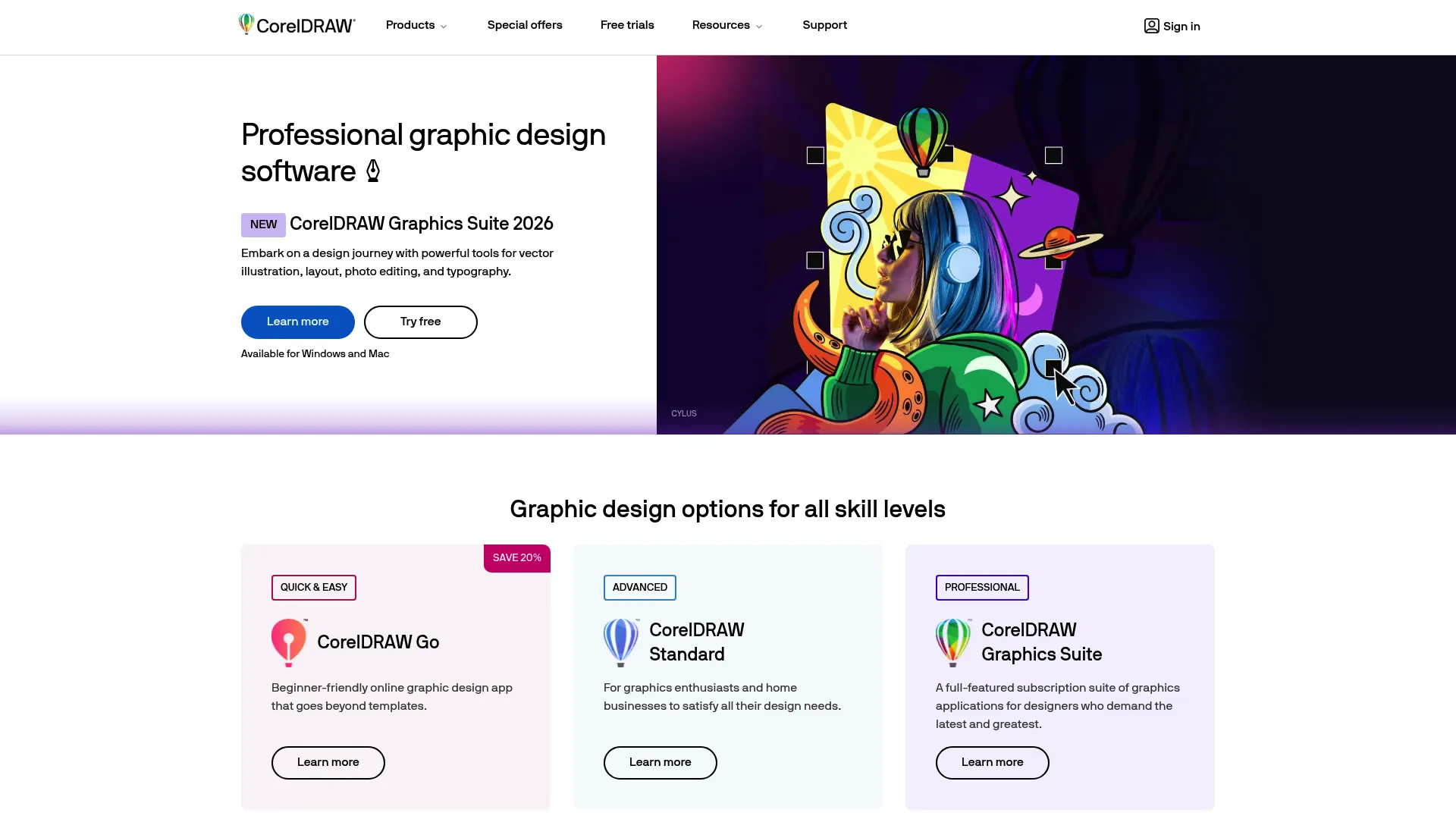 CorelDRAW vector graphics software homepage