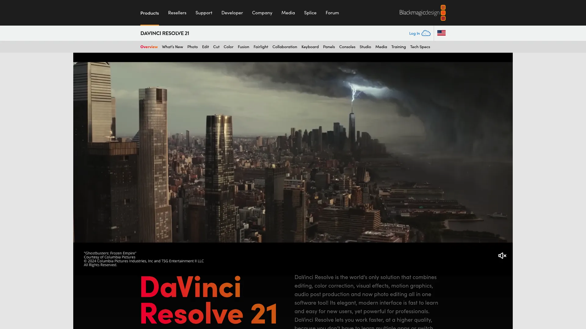 DaVinci Resolve video editing and color grading software homepage