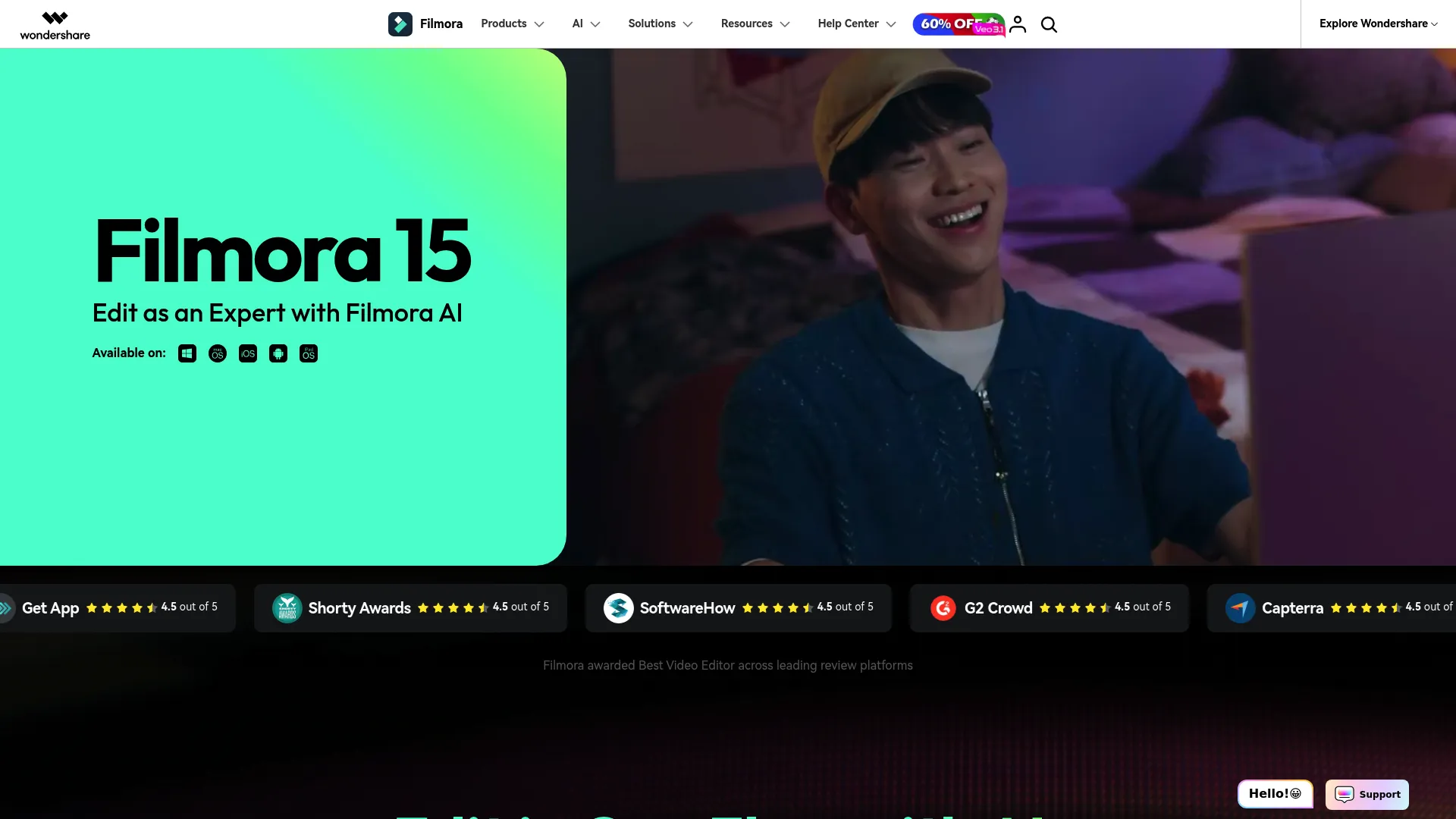 Wondershare Filmora video editing software homepage
