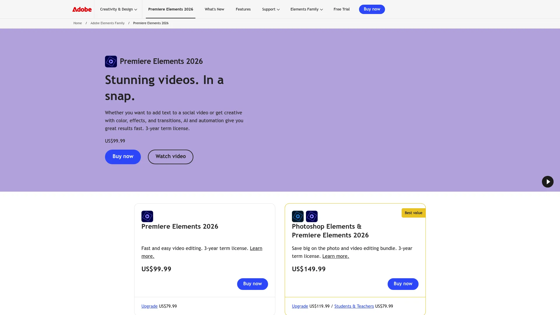 Adobe Premiere Elements guided video editor homepage
