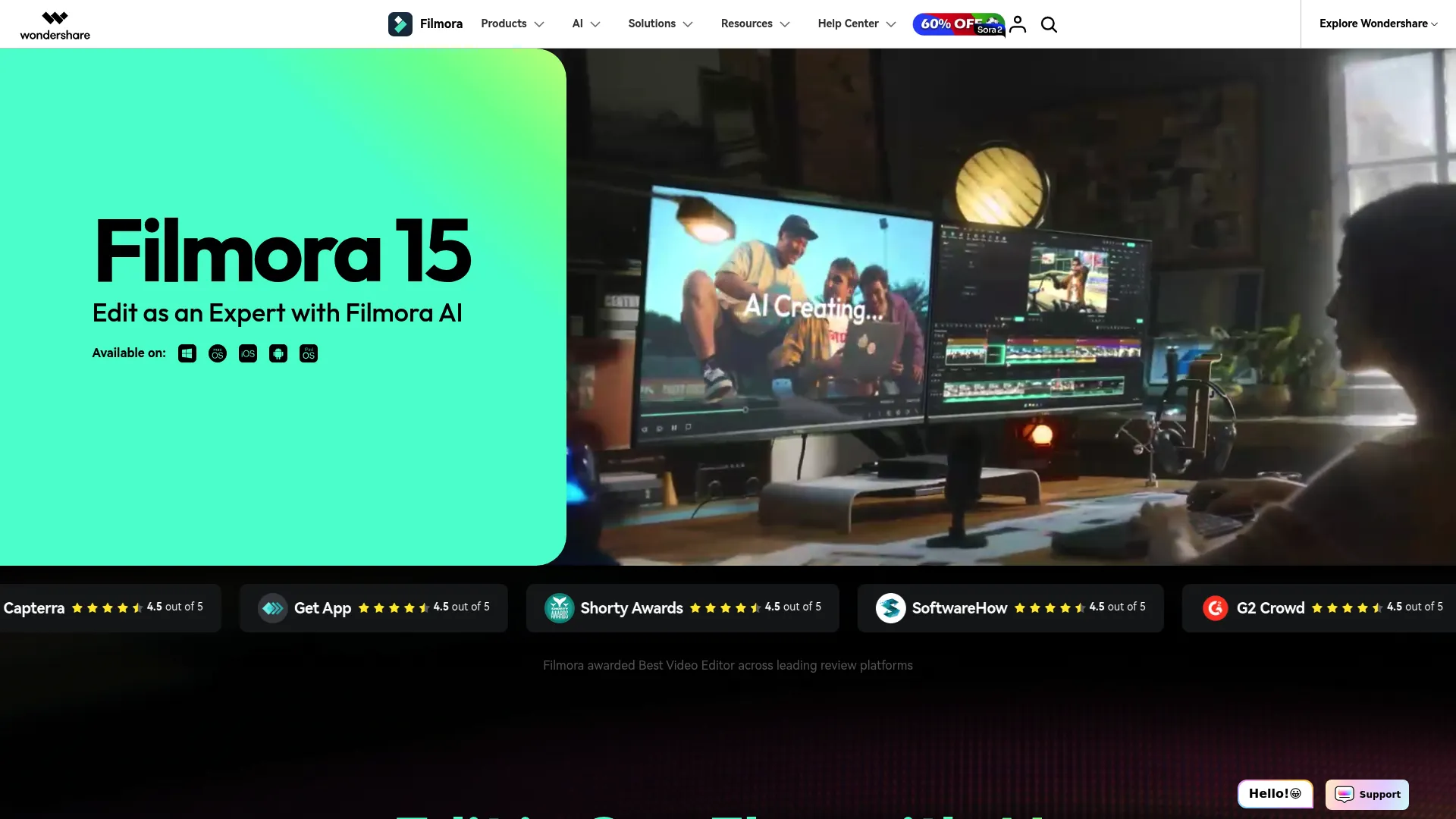 Wondershare Filmora video editor homepage