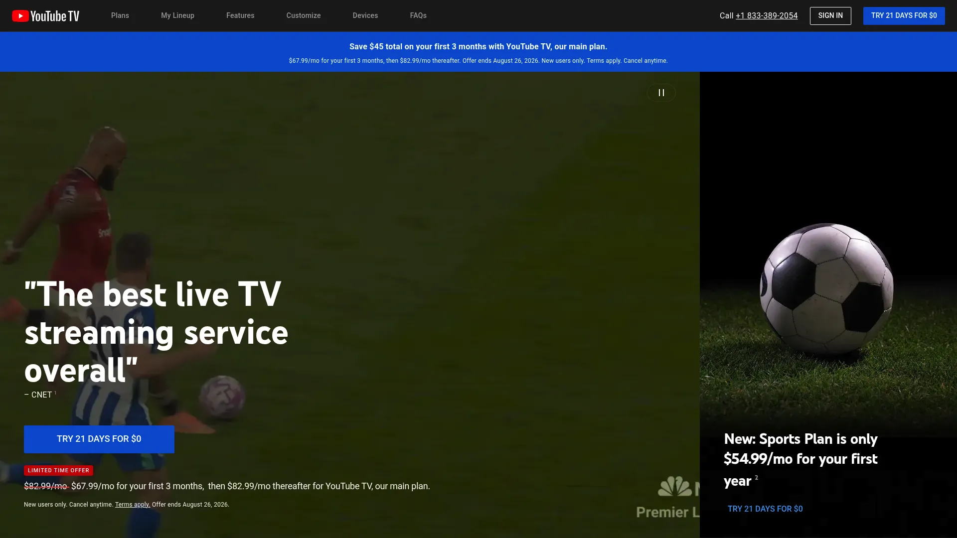 YouTube TV live TV streaming homepage