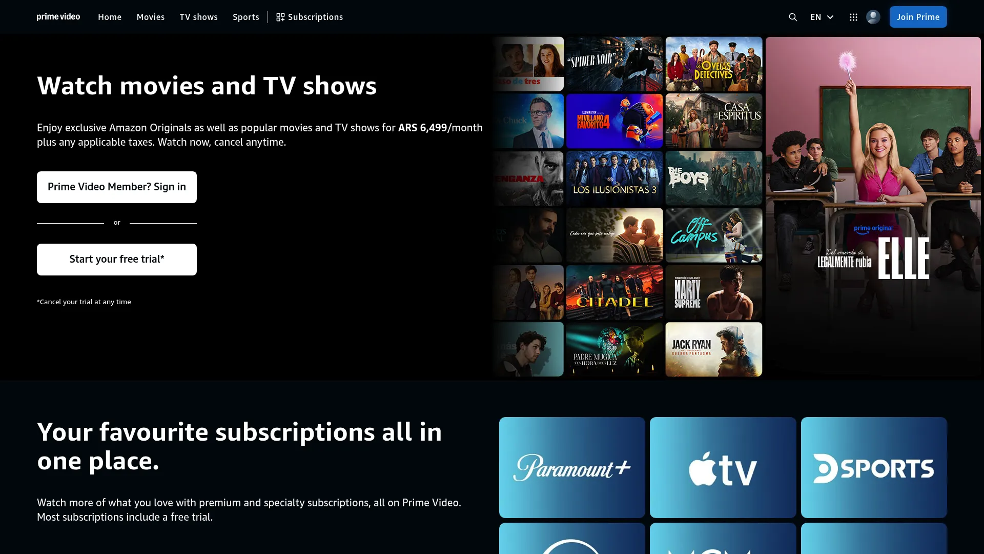 Amazon Prime Video streaming homepage