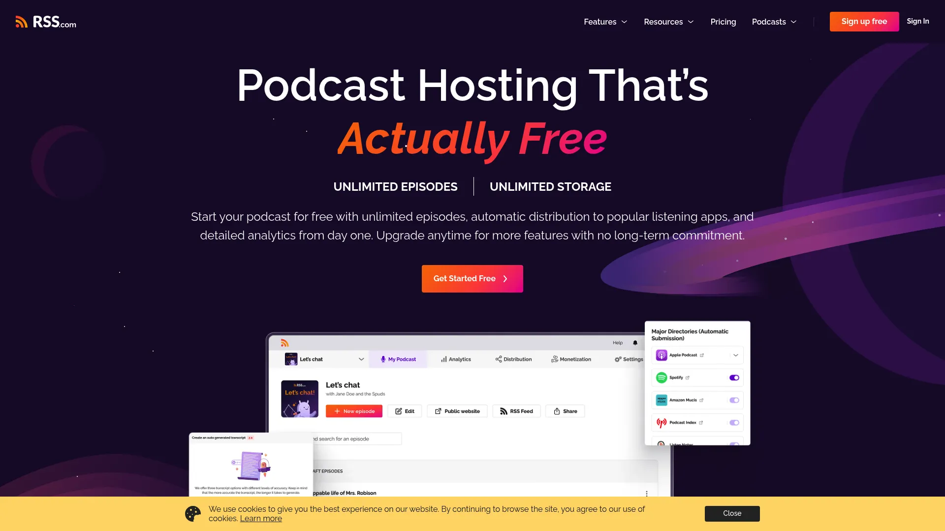RSS.com podcast hosting platform homepage