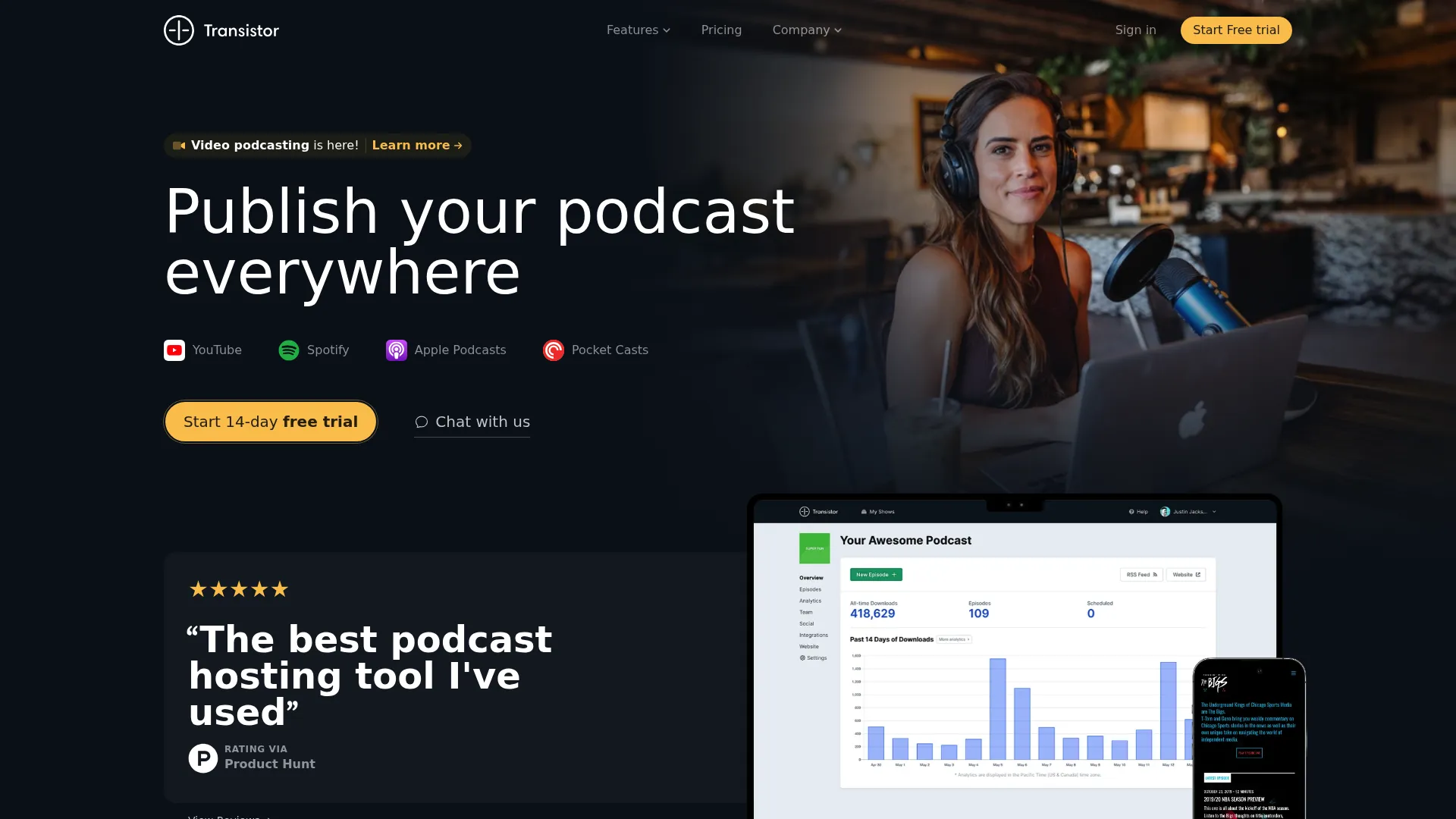 Transistor podcast hosting platform homepage