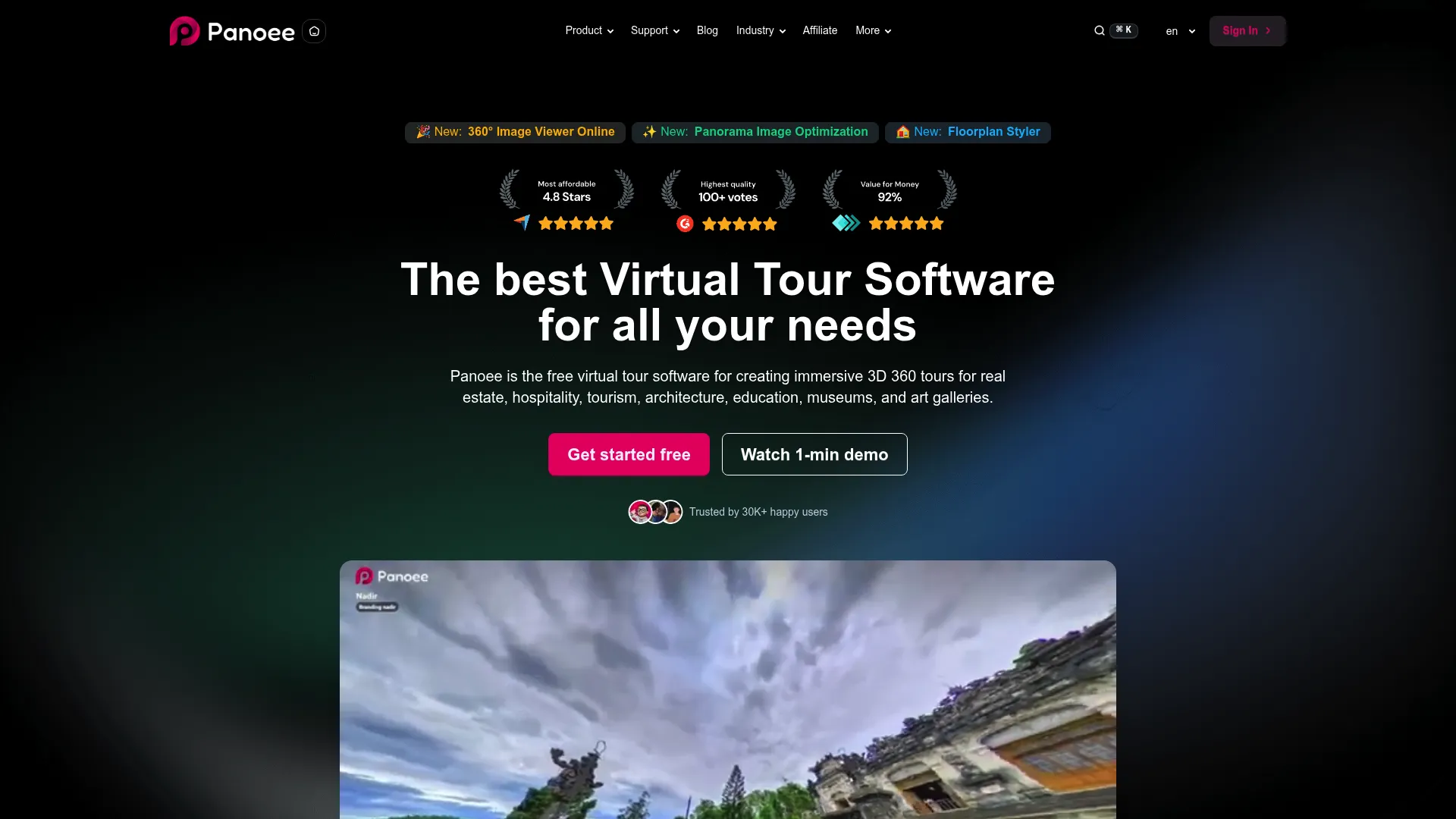 Panoee virtual tour software homepage