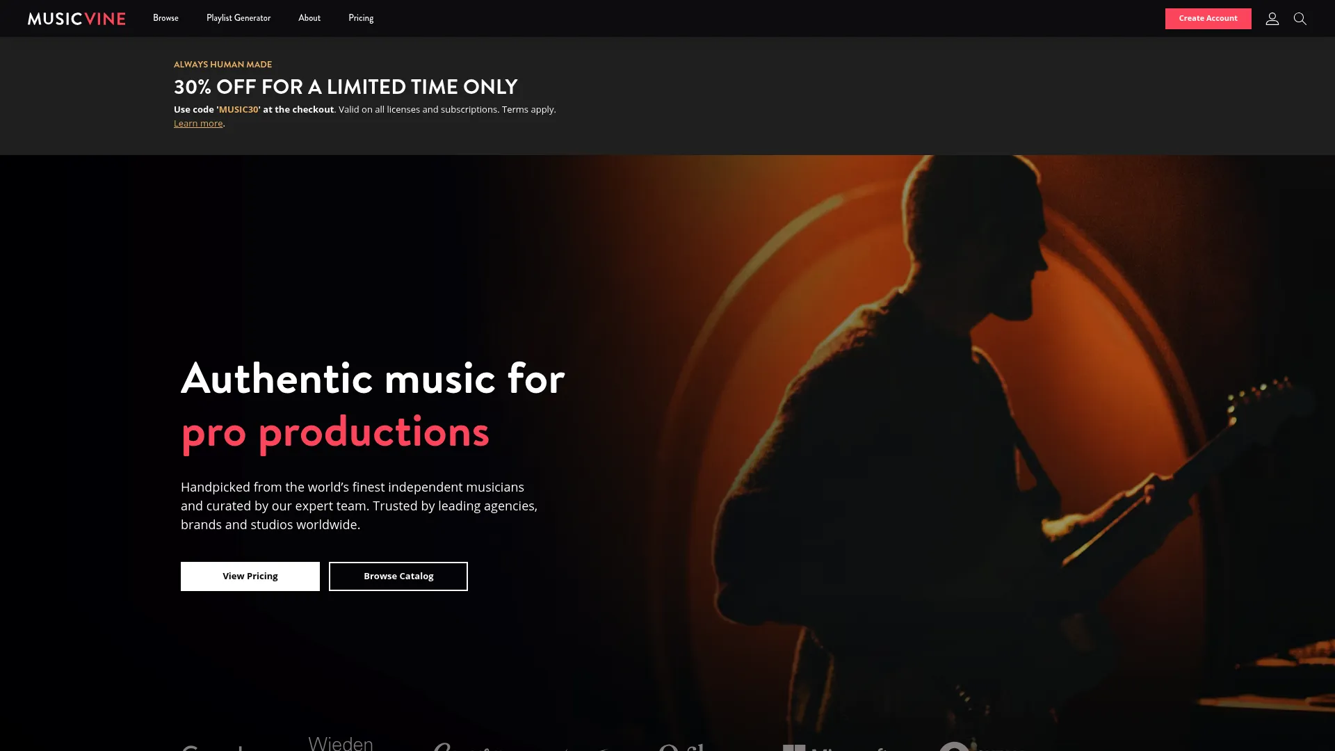 Music Vine curated music licensing homepage