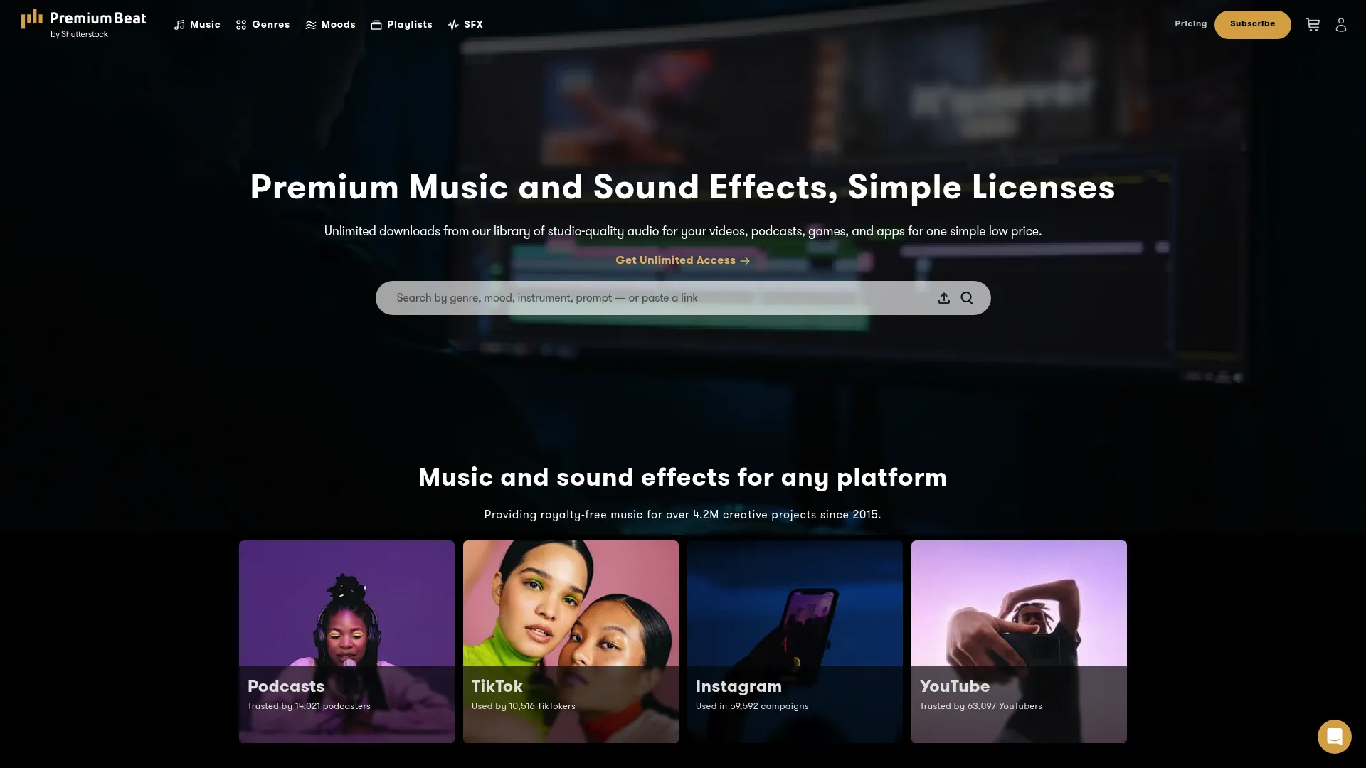 PremiumBeat stock music library homepage