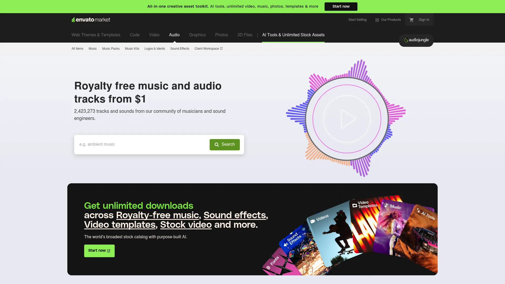 AudioJungle royalty-free music marketplace homepage