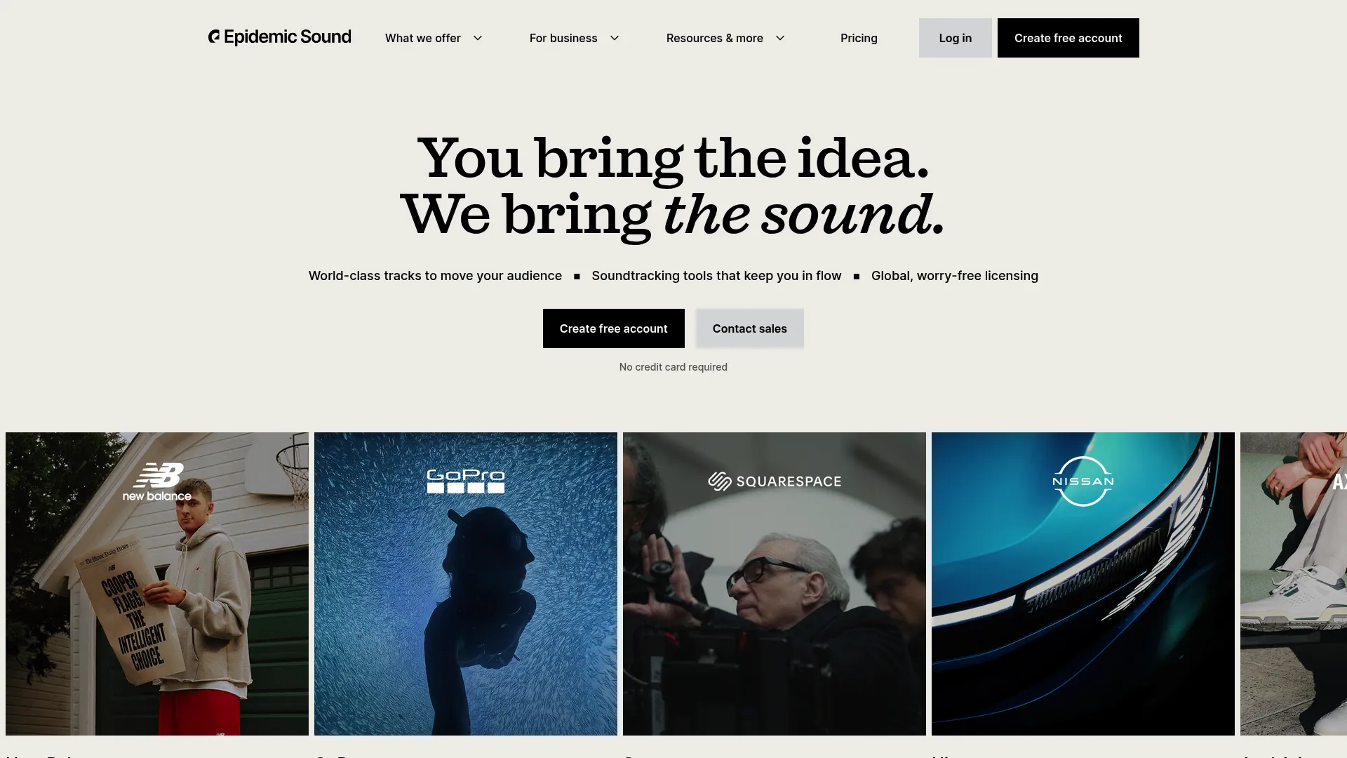 Epidemic Sound royalty-free music platform homepage