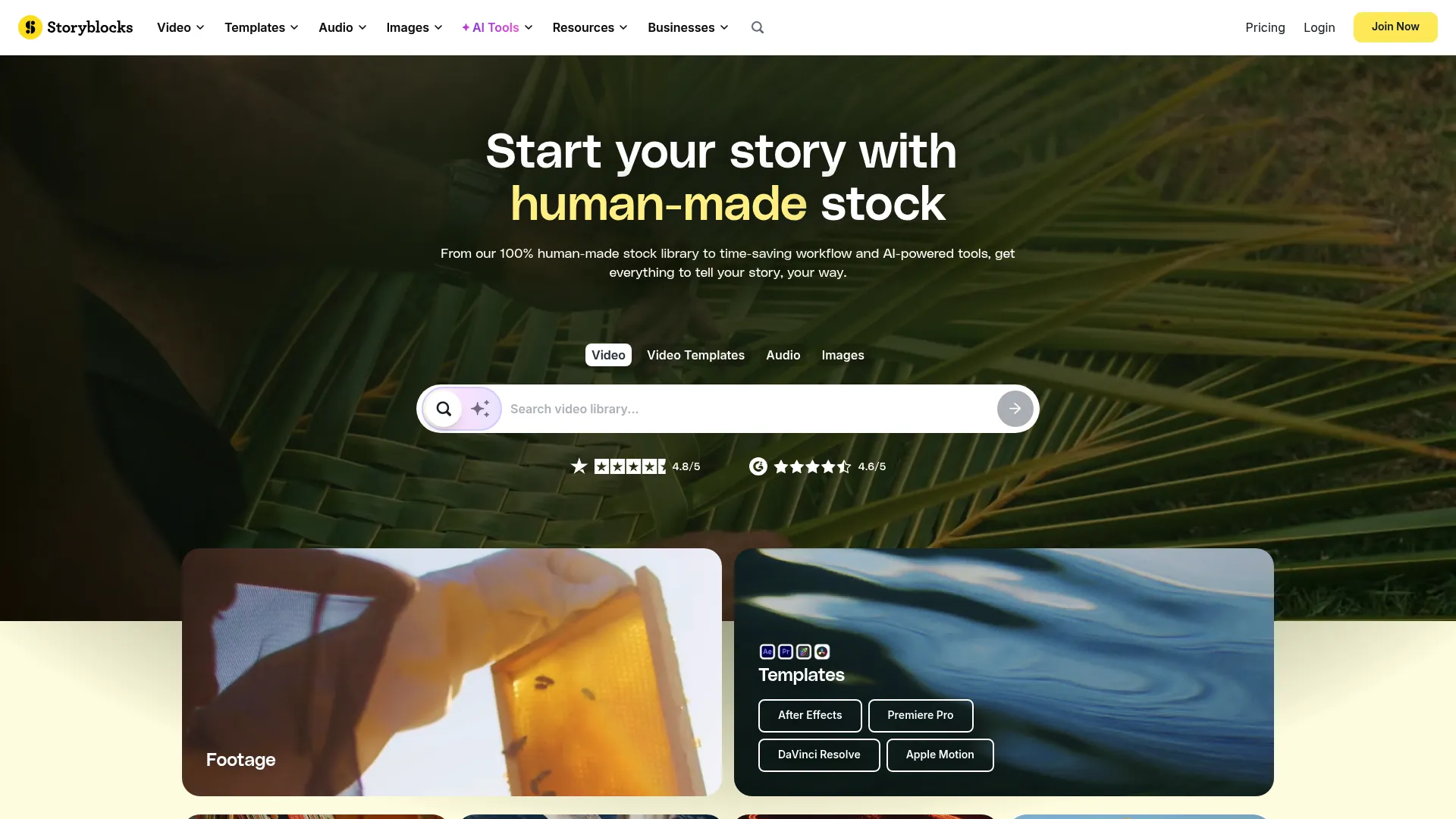 Storyblocks stock media platform homepage showing video, audio, and image library