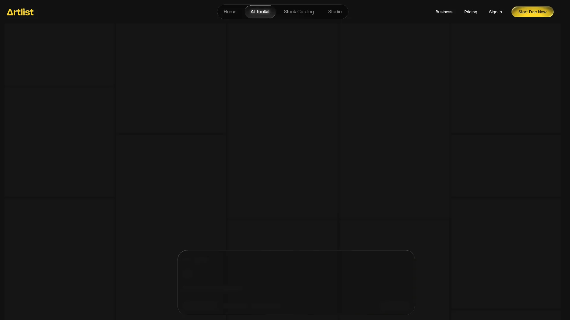 Artlist creator platform homepage showing music, footage, and AI tools