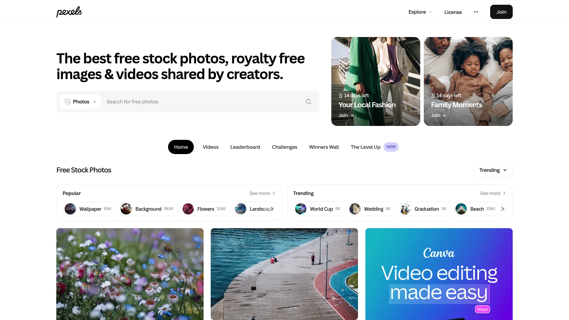 Pexels homepage showing free stock photos and video search