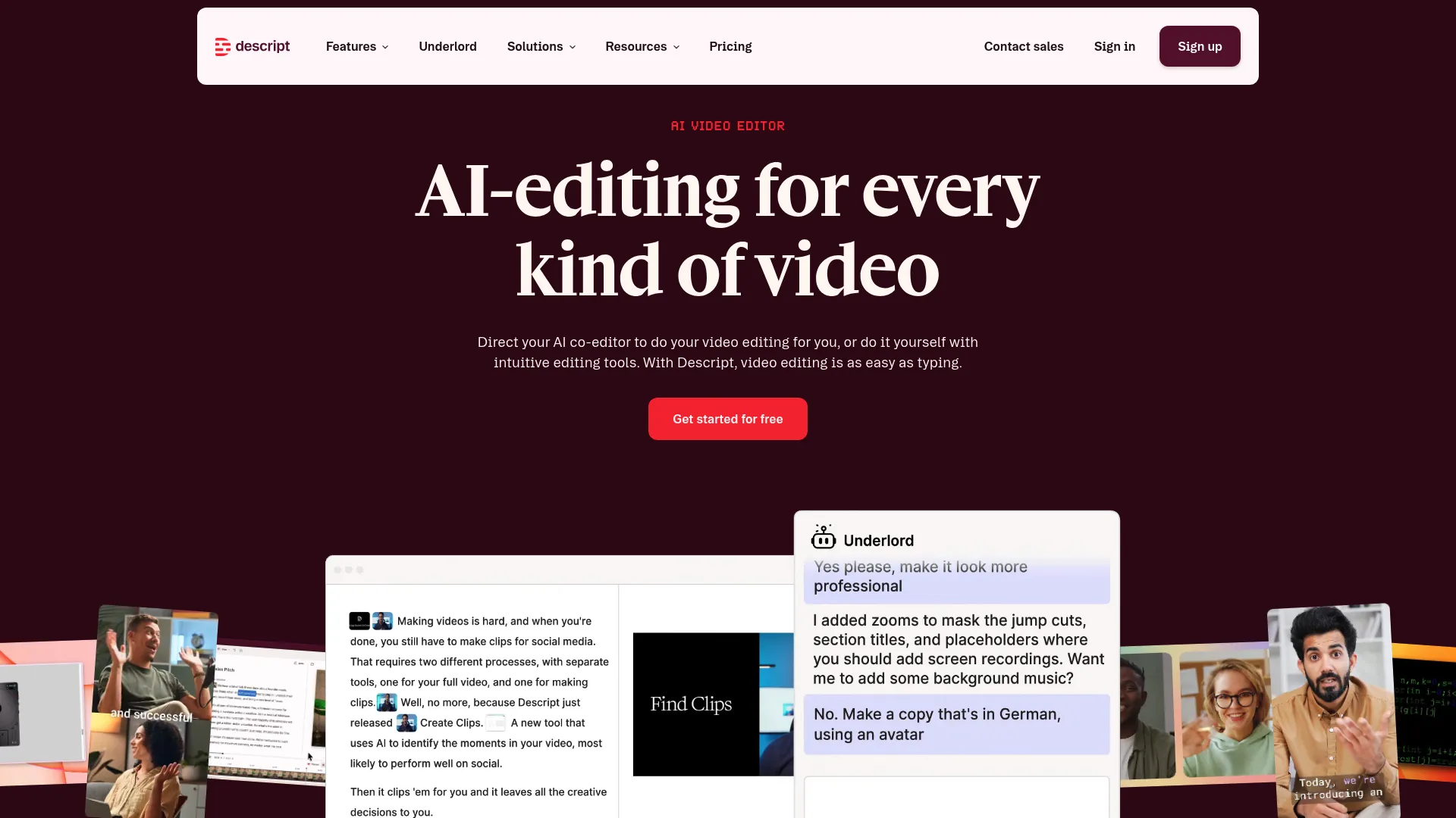 Descript recording and editing software workspace