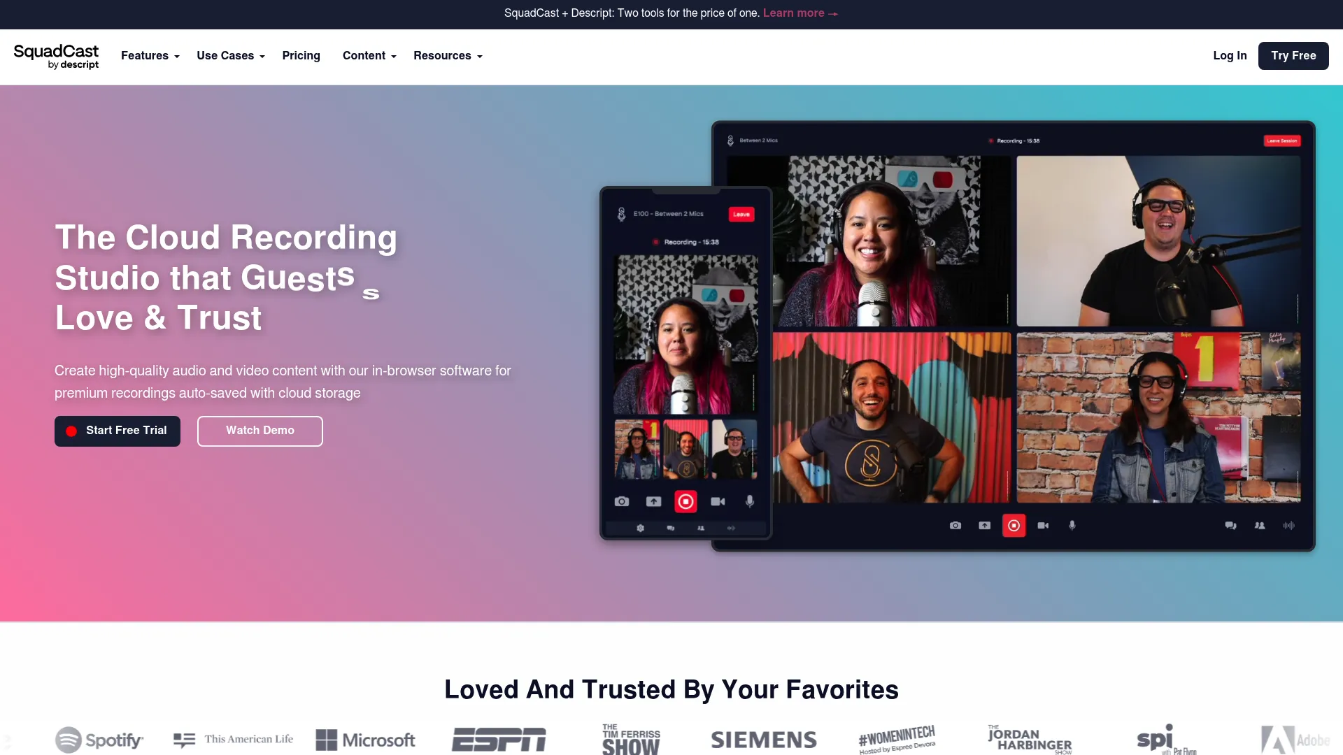 SquadCast remote recording studio software dashboard