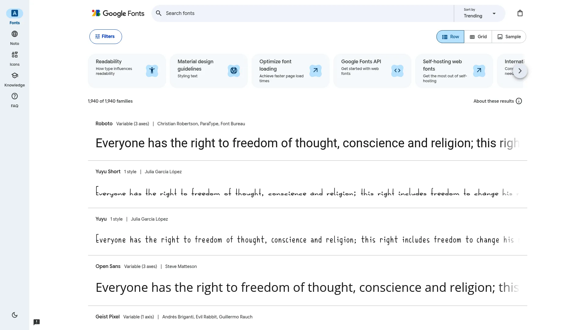 Google Fonts open-source font library homepage